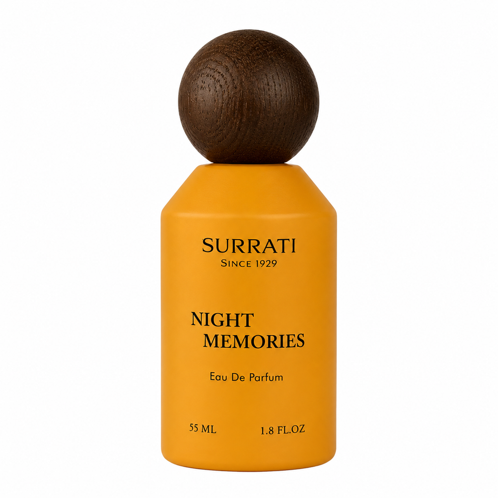 Surrati Night Memories Eau De Parfum bottle with a matte mustard yellow body and a dark brown wooden sphere cap, shown on a plain white background.