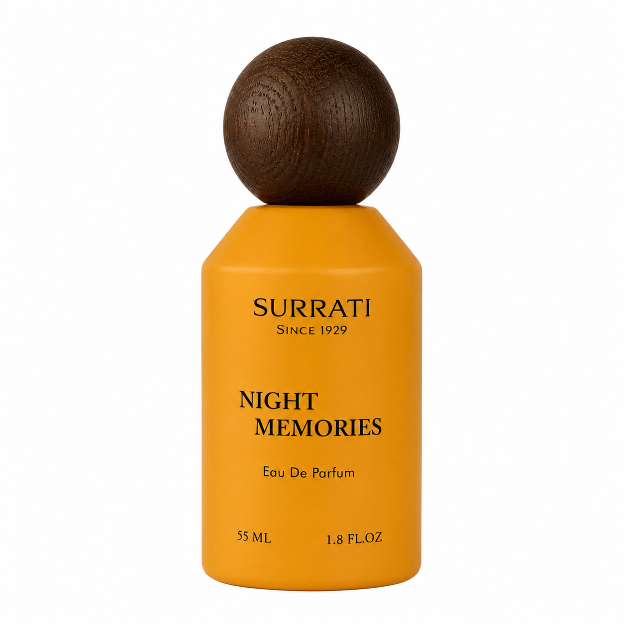 Surrati Night Memories Eau De Parfum bottle with a matte mustard yellow body and a dark brown wooden sphere cap, shown on a plain white background.