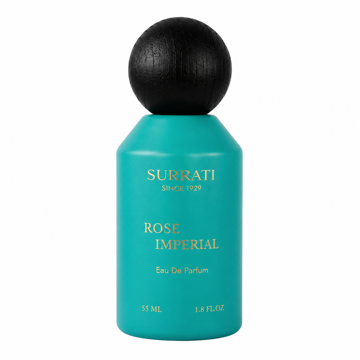 Surrati Rose Imperial Eau De Parfum bottle in a vibrant turquoise color with gold lettering and a textured black spherical cap, shown on a plain white background.