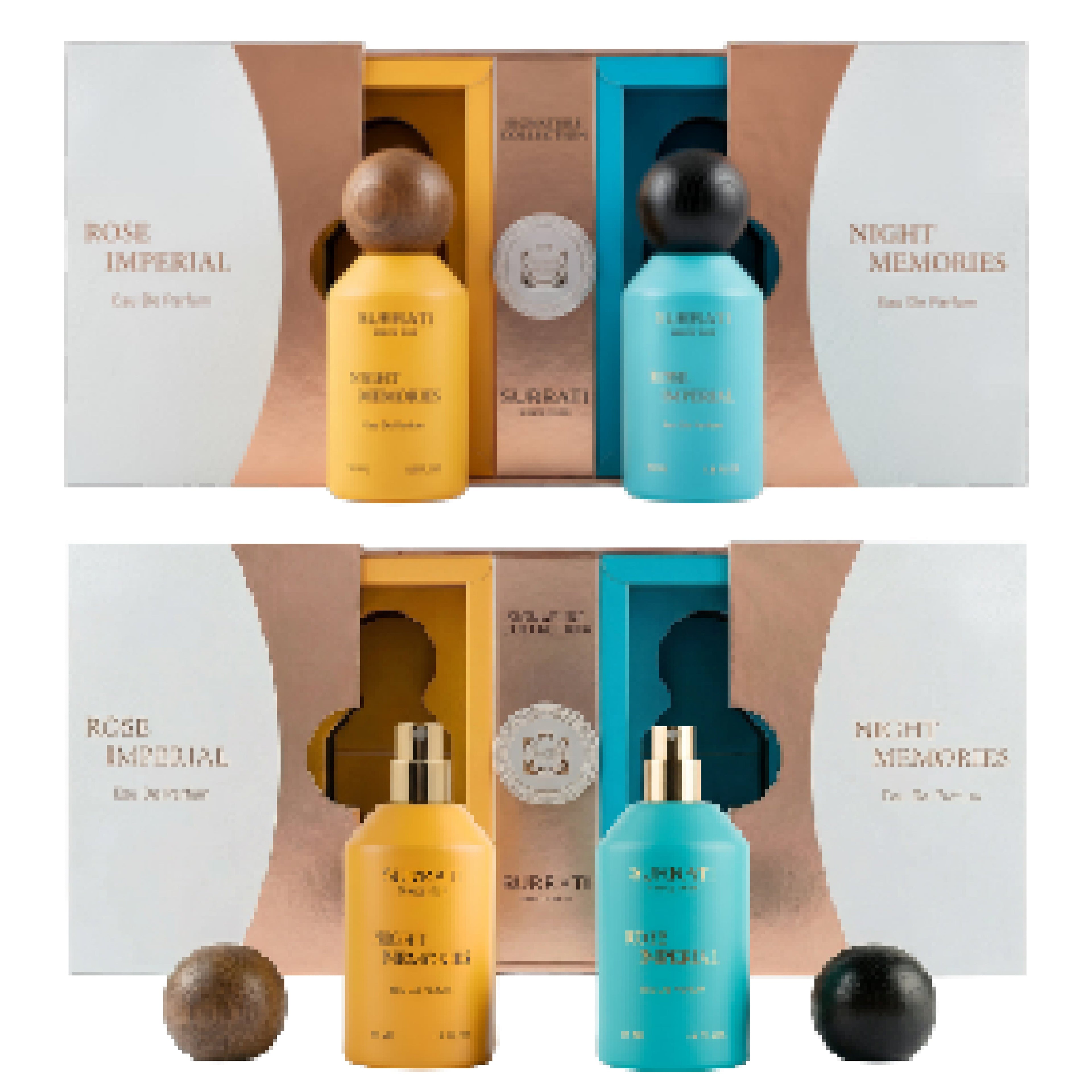 Two bottles of Surrati perfume, one yellow and one blue, with their packaging on a white background.