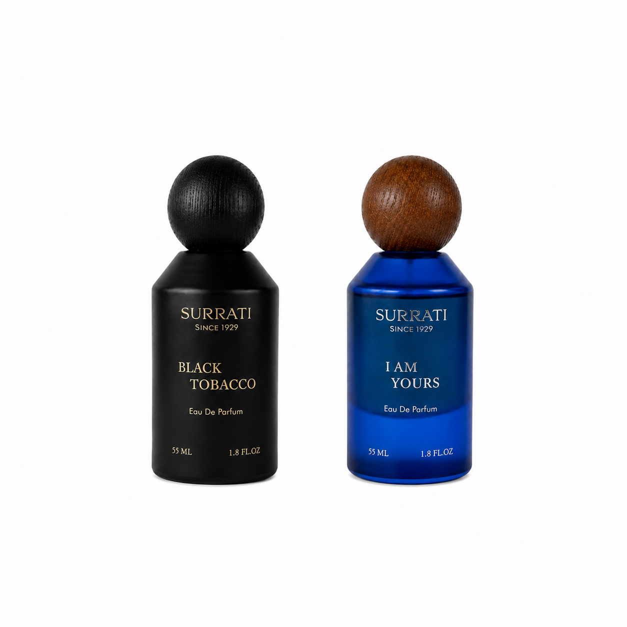 Two Surrati Eau De Parfum bottles on a white background: a matte black bottle labeled 'Black Tobacco' and a glossy blue bottle labeled 'I Am Yours' with a round wooden cap.