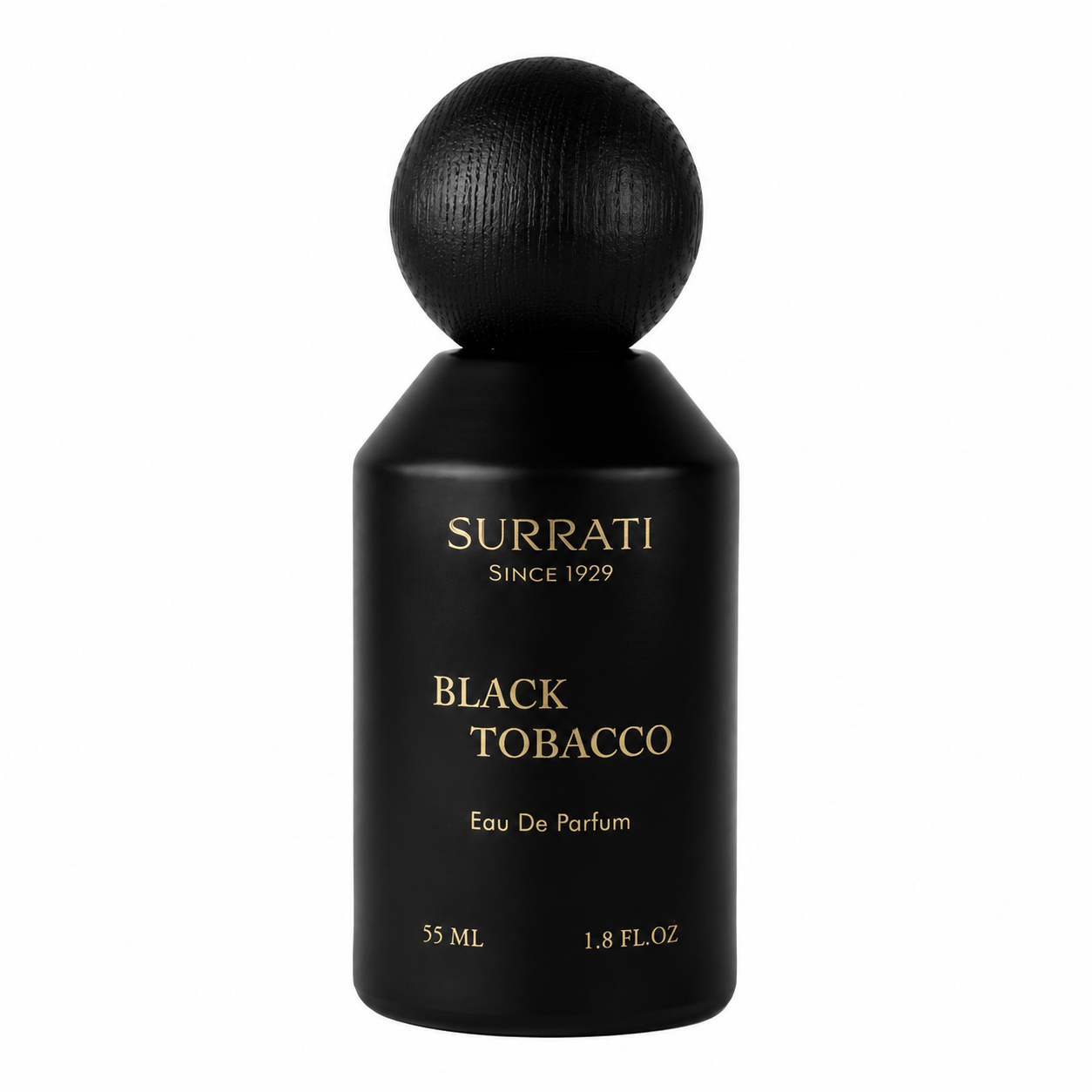 A matte black perfume bottle with a spherical cap, featuring gold lettering that reads 'Surrati Since 1929 Black Tobacco Eau De Parfum'.