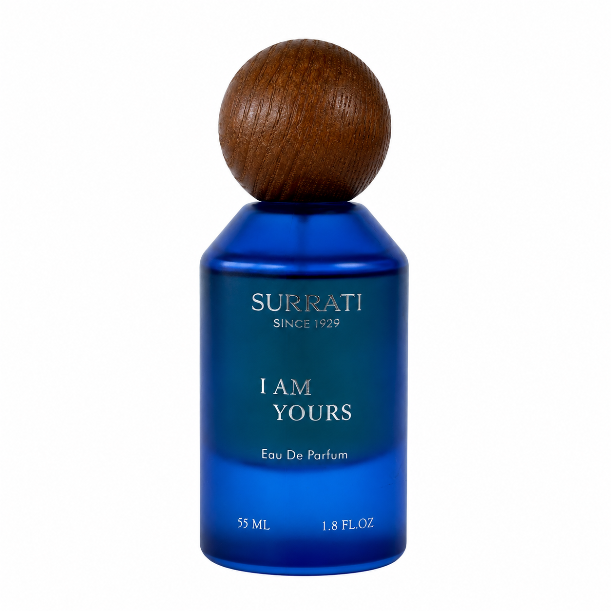 Surrati 'I Am Yours' Eau De Parfum in a cobalt blue bottle with a round wooden cap, shown on a plain white background.