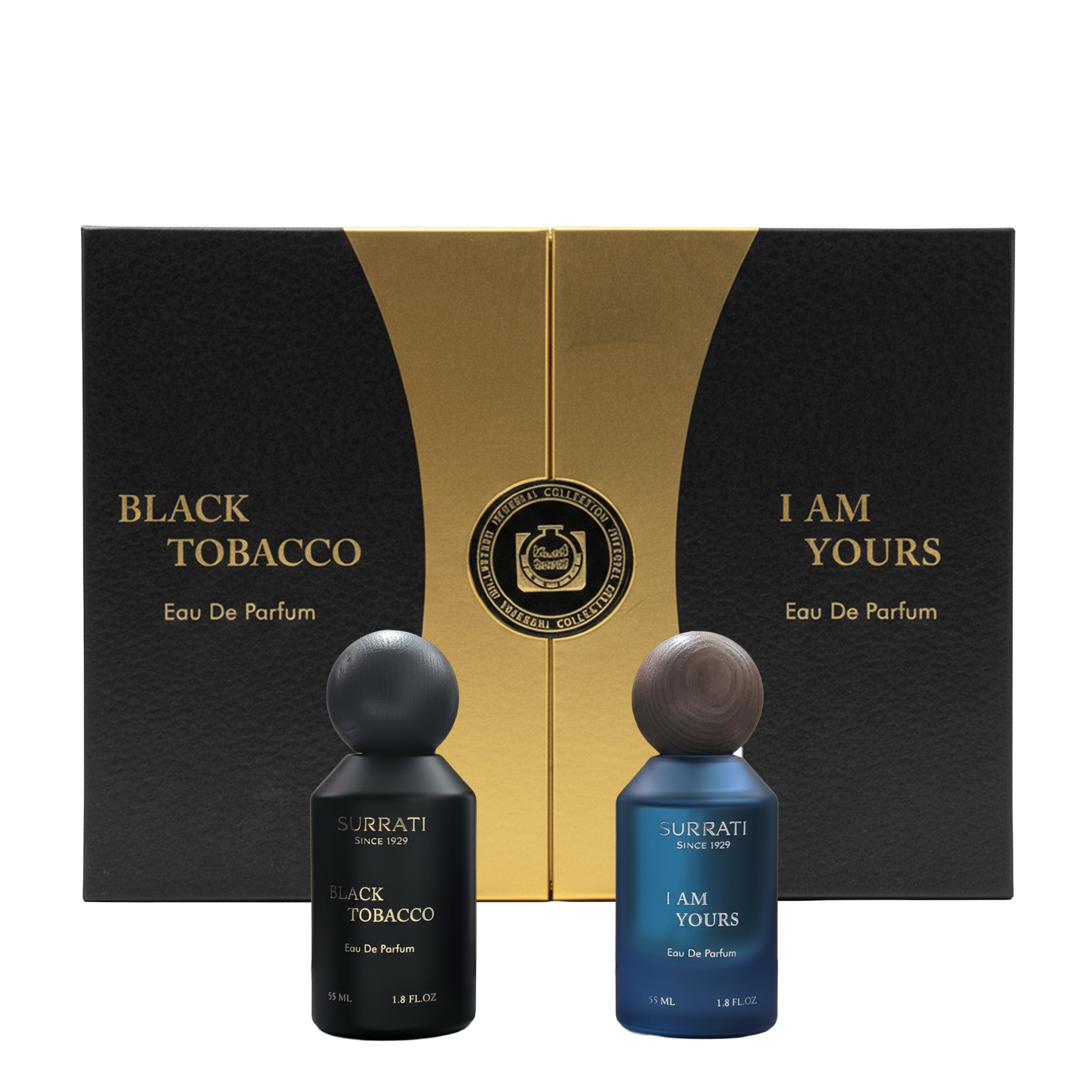 Surrati Black Tobacco Eau De Parfum gift set featuring a black and gold box, a black bottle, and a blue bottle with matching labels.