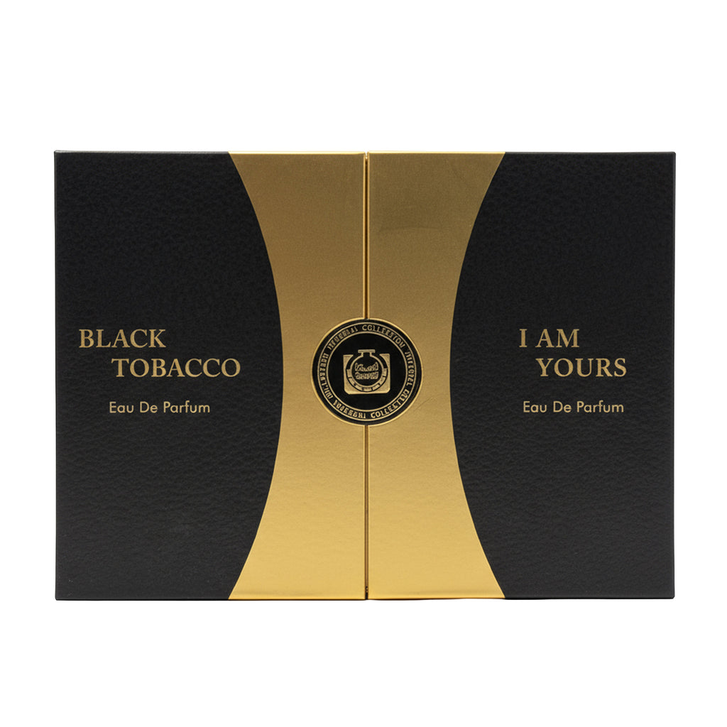 Black and gold perfume box for Black Tobacco Eau De Parfum, featuring a central gold emblem and the text 'I AM YOURS' on a white background.