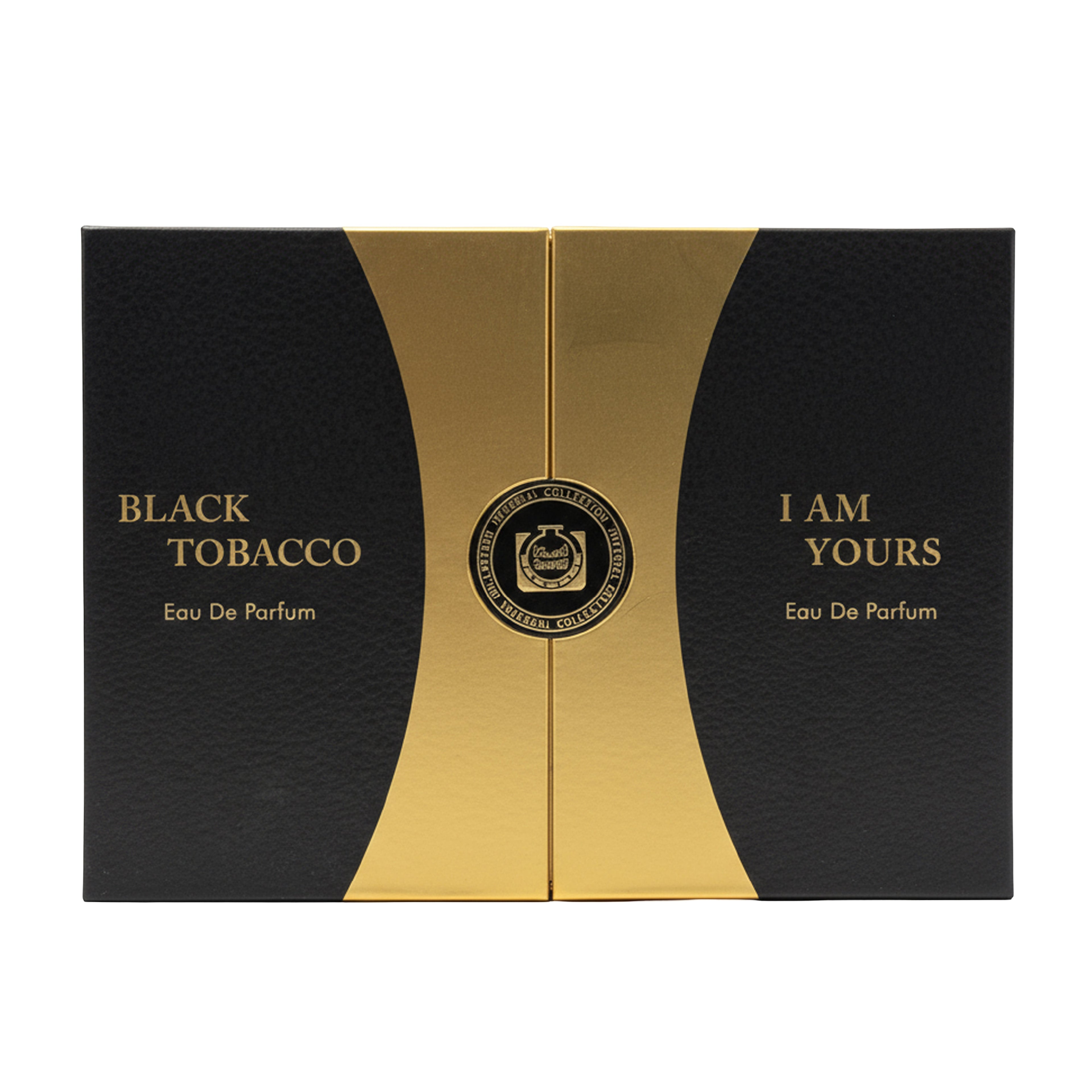 Black and gold perfume box for Black Tobacco Eau De Parfum, featuring a central gold emblem and the text 'I AM YOURS' on a white background.