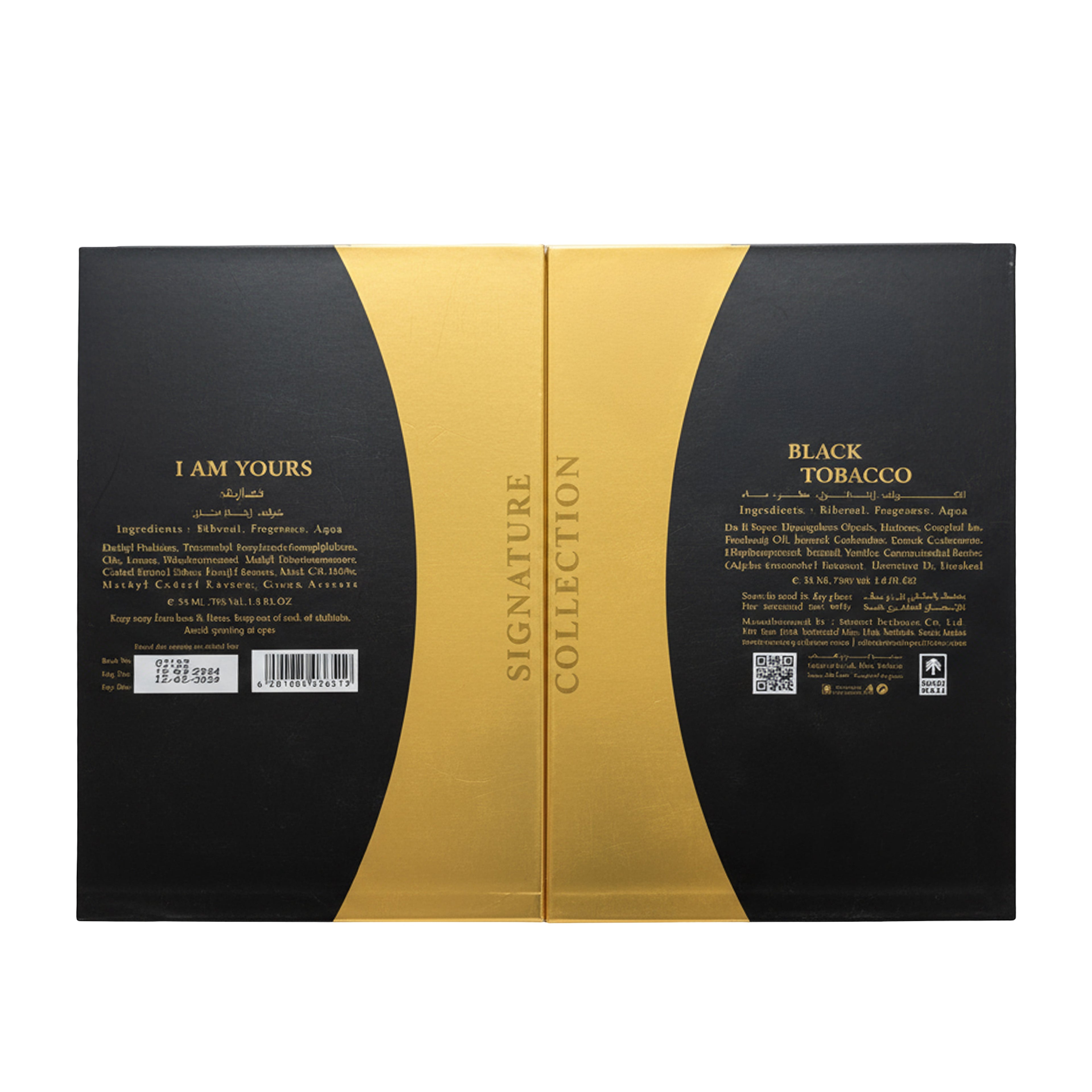 The back of a black and gold box from the Signature Collection, featuring the scent name 'I AM YOURS', product details for Black Tobacco, and a central vertical title 'SIGNATURE COLLECTION'.