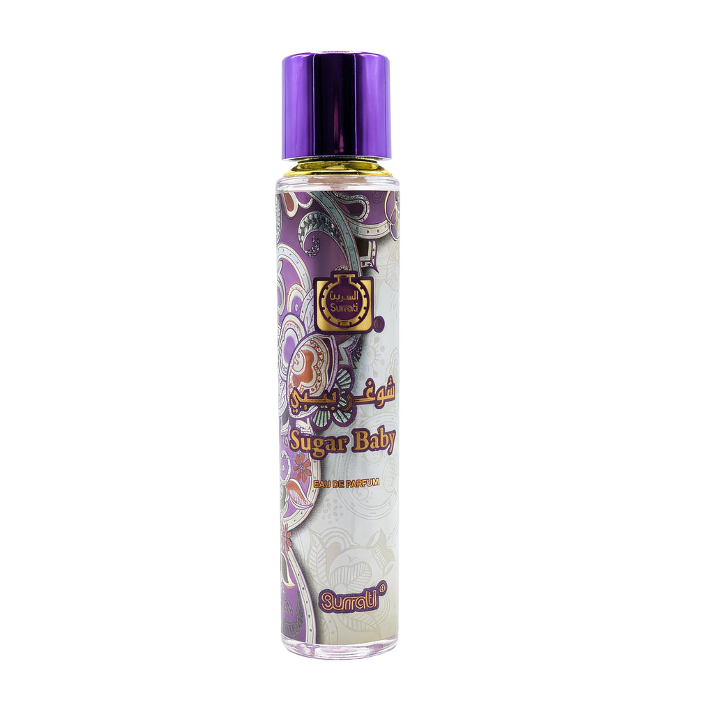 Bottle of 'Sugar Baby' perfume with a purple cap on a white background