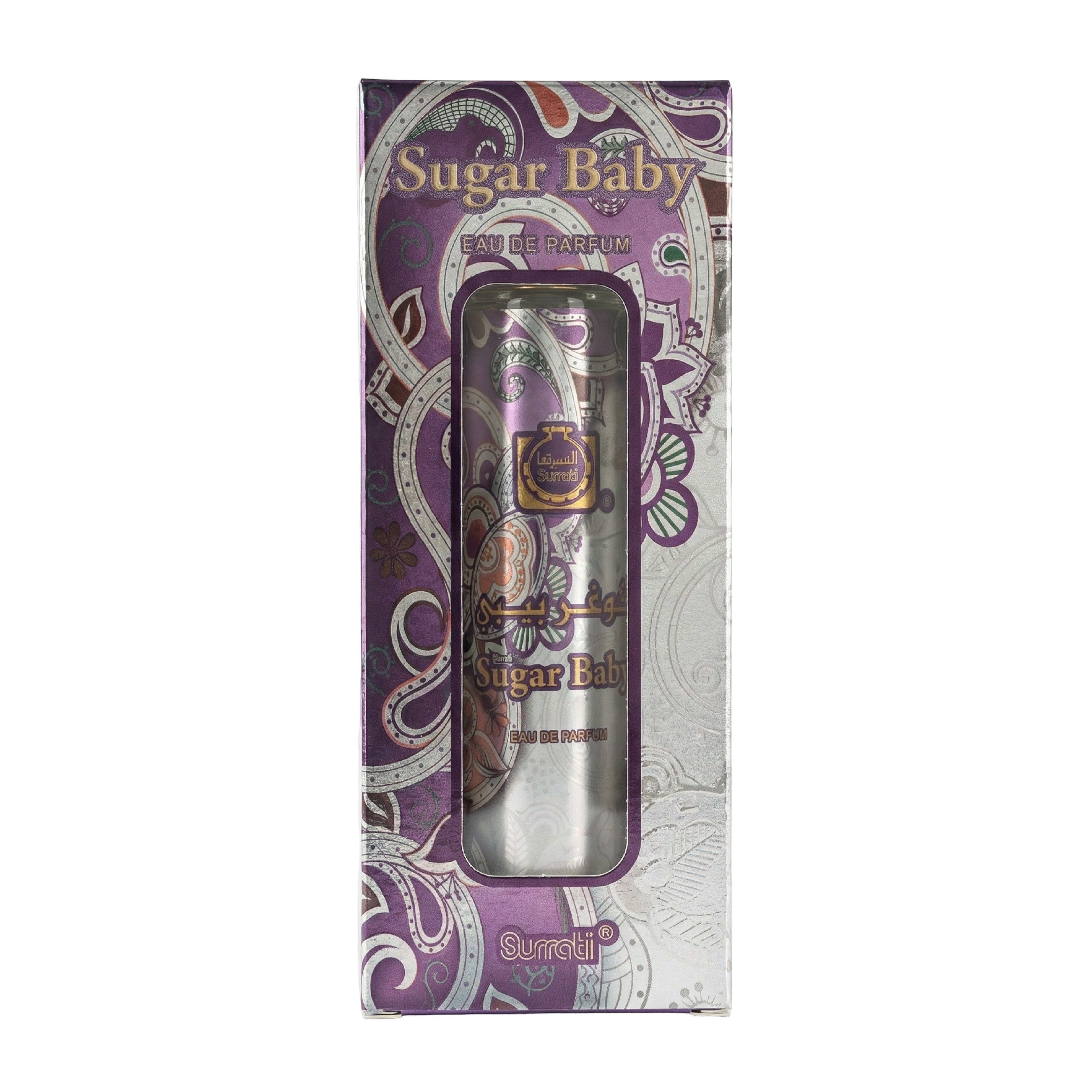 Sugar Baby Eau de Parfum bottle in its original purple and white patterned retail packaging, with the silver bottle visible through a clear window.