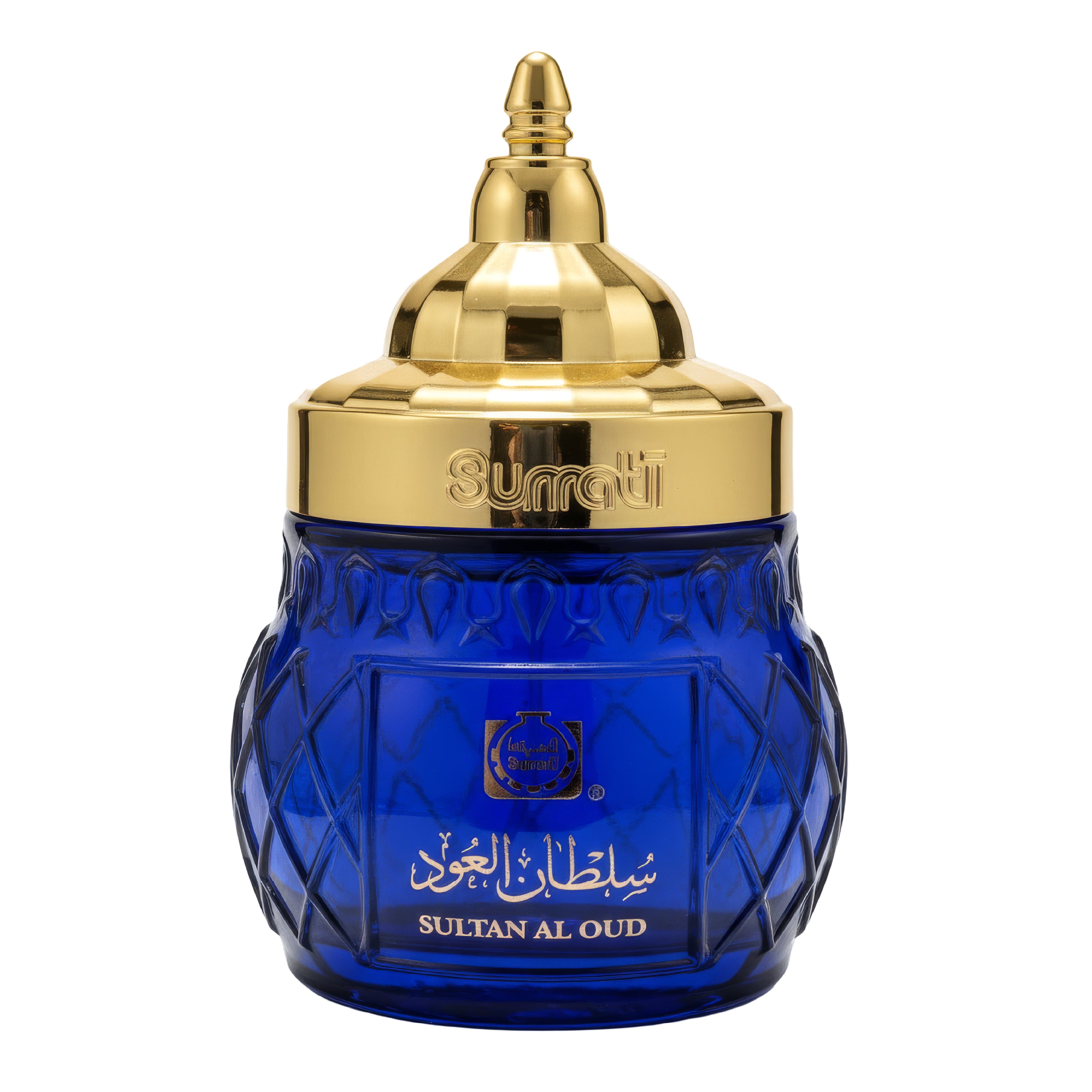 Blue perfume bottle with gold cap on a white background