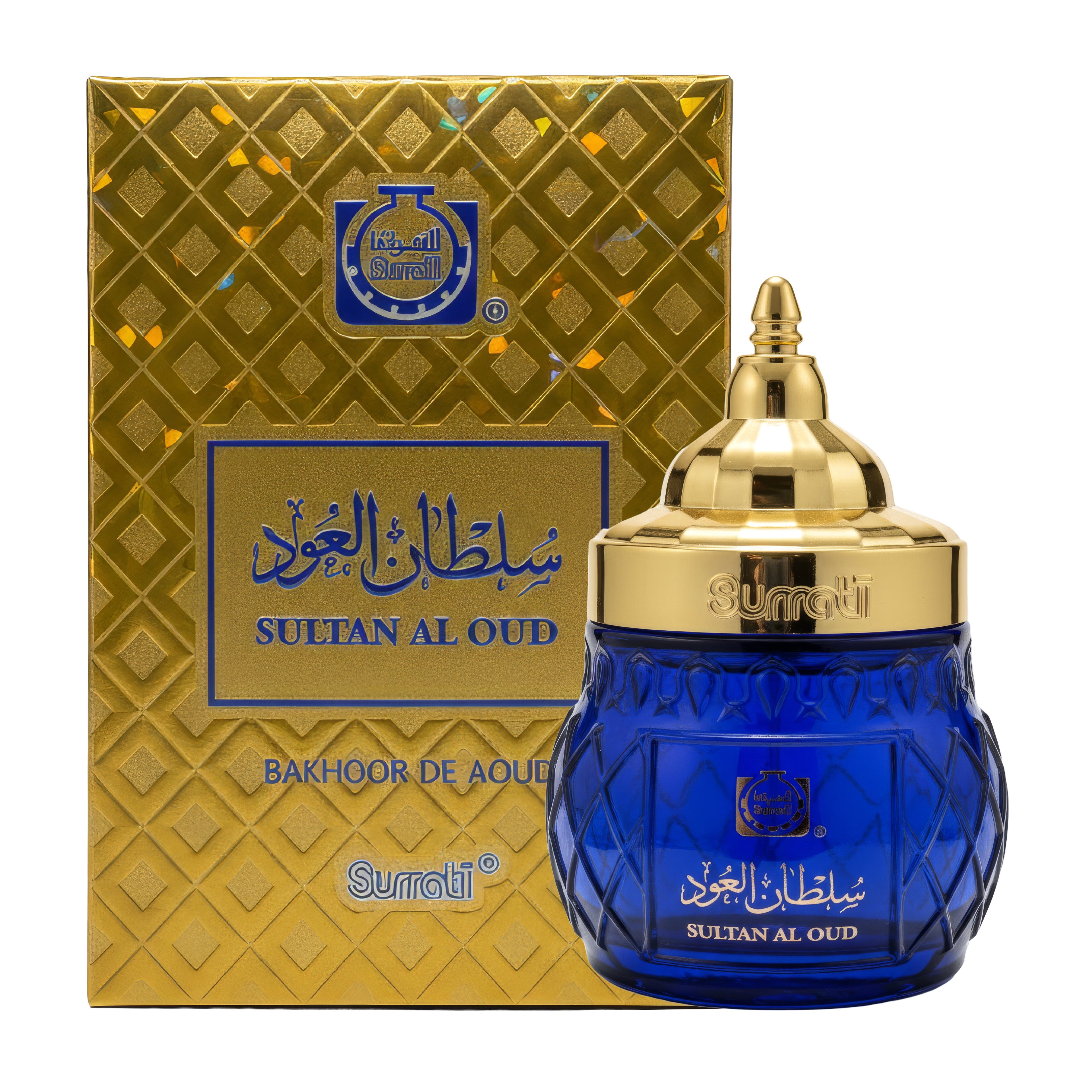 Sultan Al Oud Bakhoor de Oud perfume bottle and its packaging box. The bottle is a deep blue glass with a textured diamond pattern and a shiny gold cap.