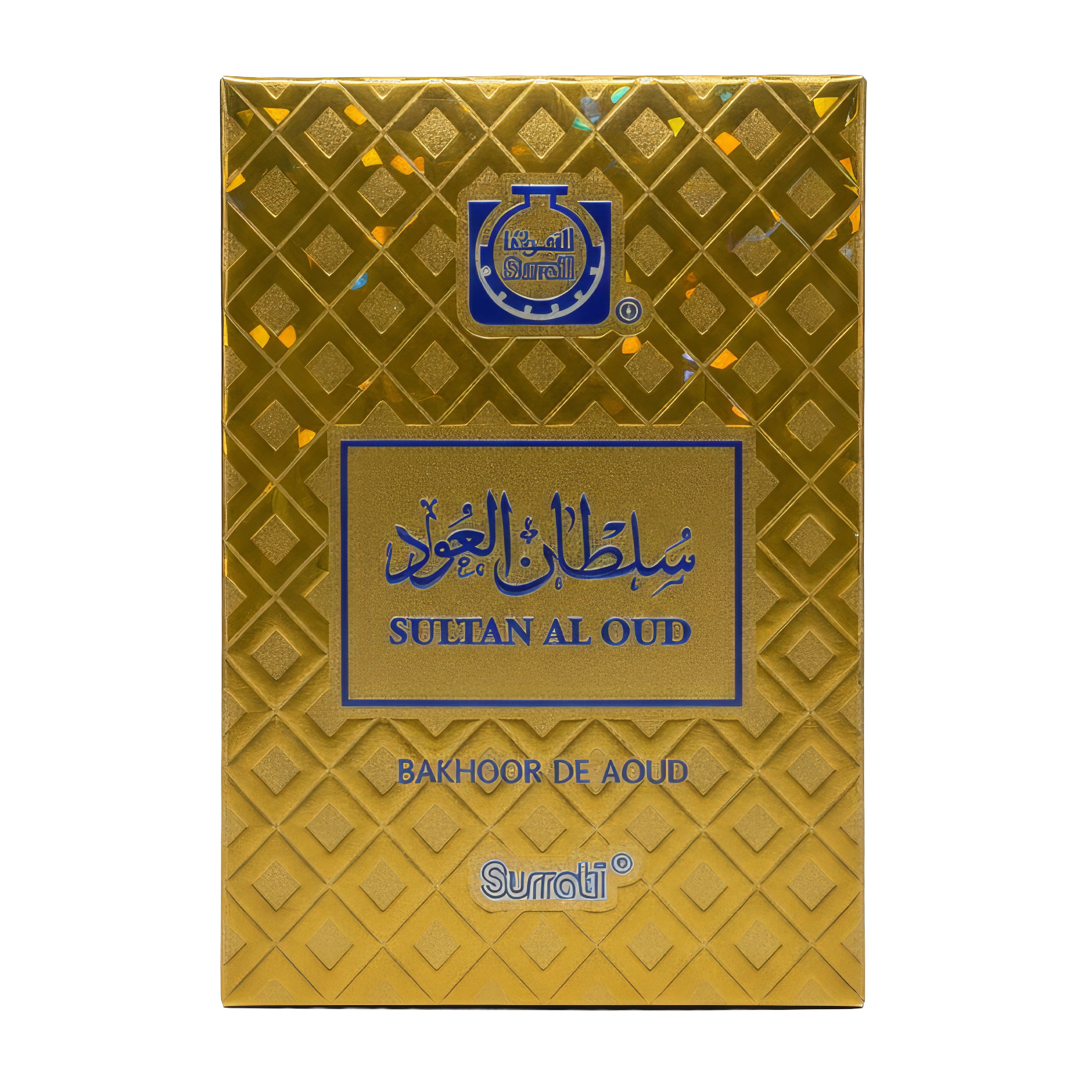 A gold-colored rectangular box for Sultan Al Oud Bakhoor De Aoud, featuring a textured diamond pattern, blue Arabic calligraphy, and a blue 'SULTAN' label on a white background.