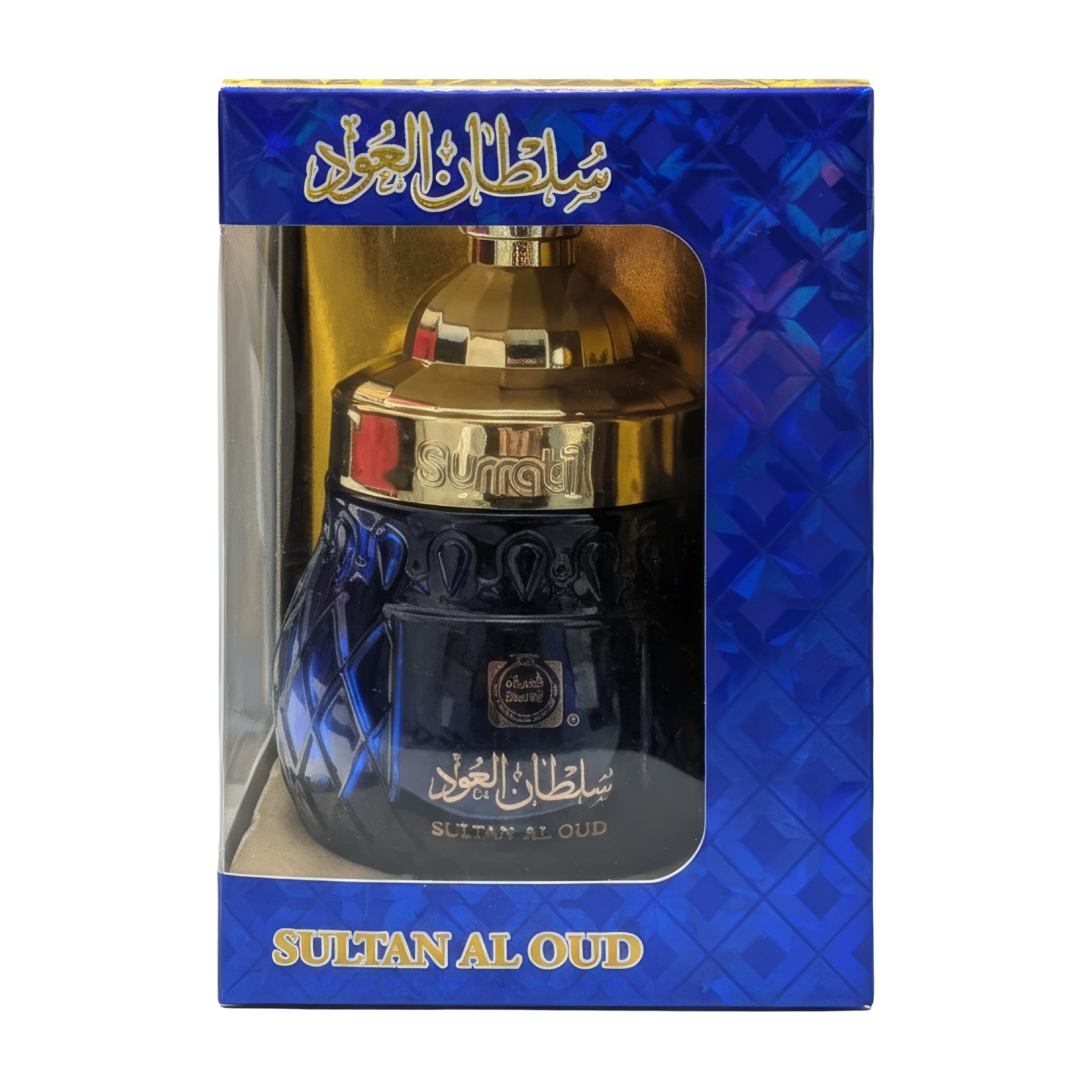 Sultan Al Oud perfume bottle in its original blue and gold packaging box, featuring Arabic calligraphy and a clear window displaying the dark blue bottle with gold detailing.