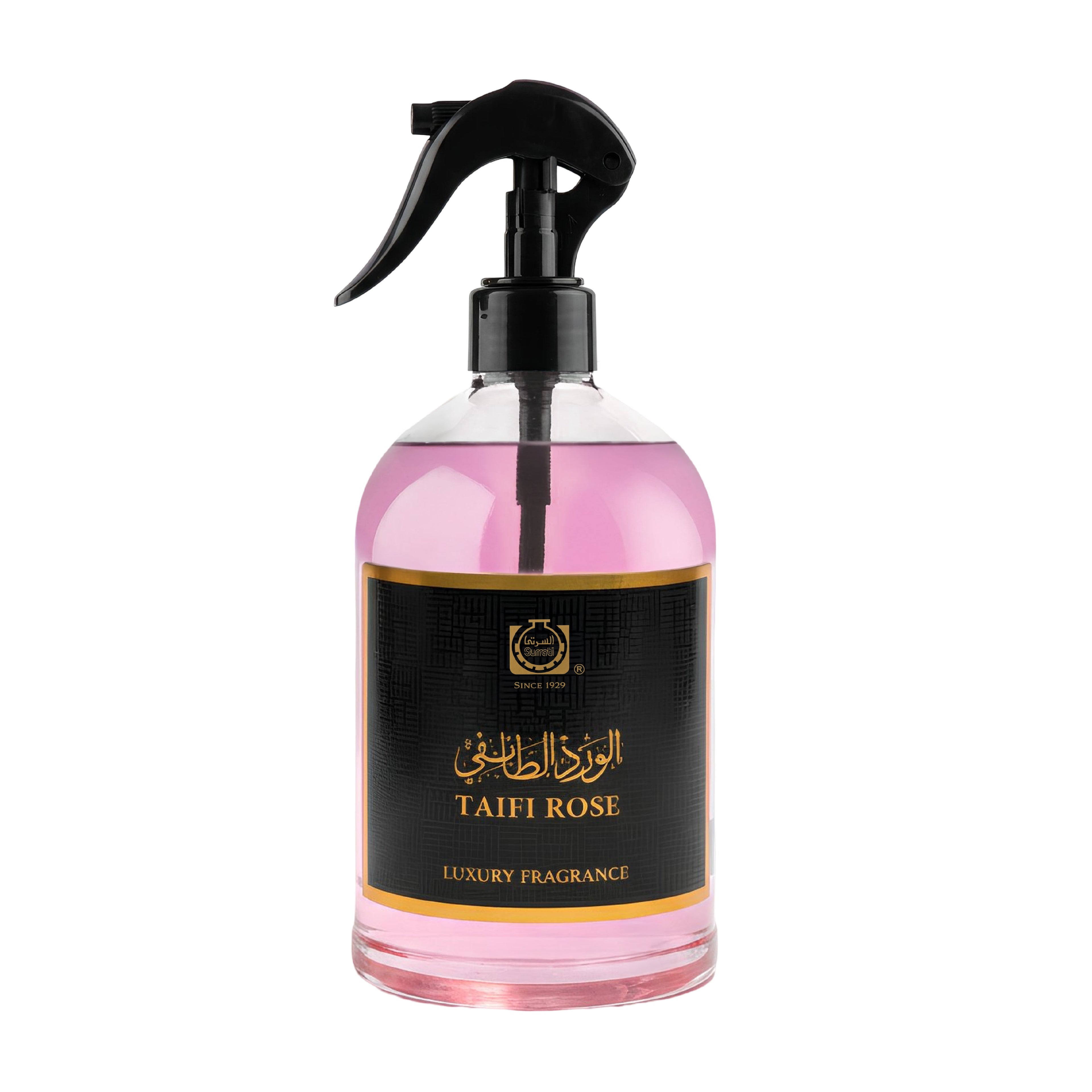Pink spray bottle with black nozzle labeled 'Taifi Rose' on a white background