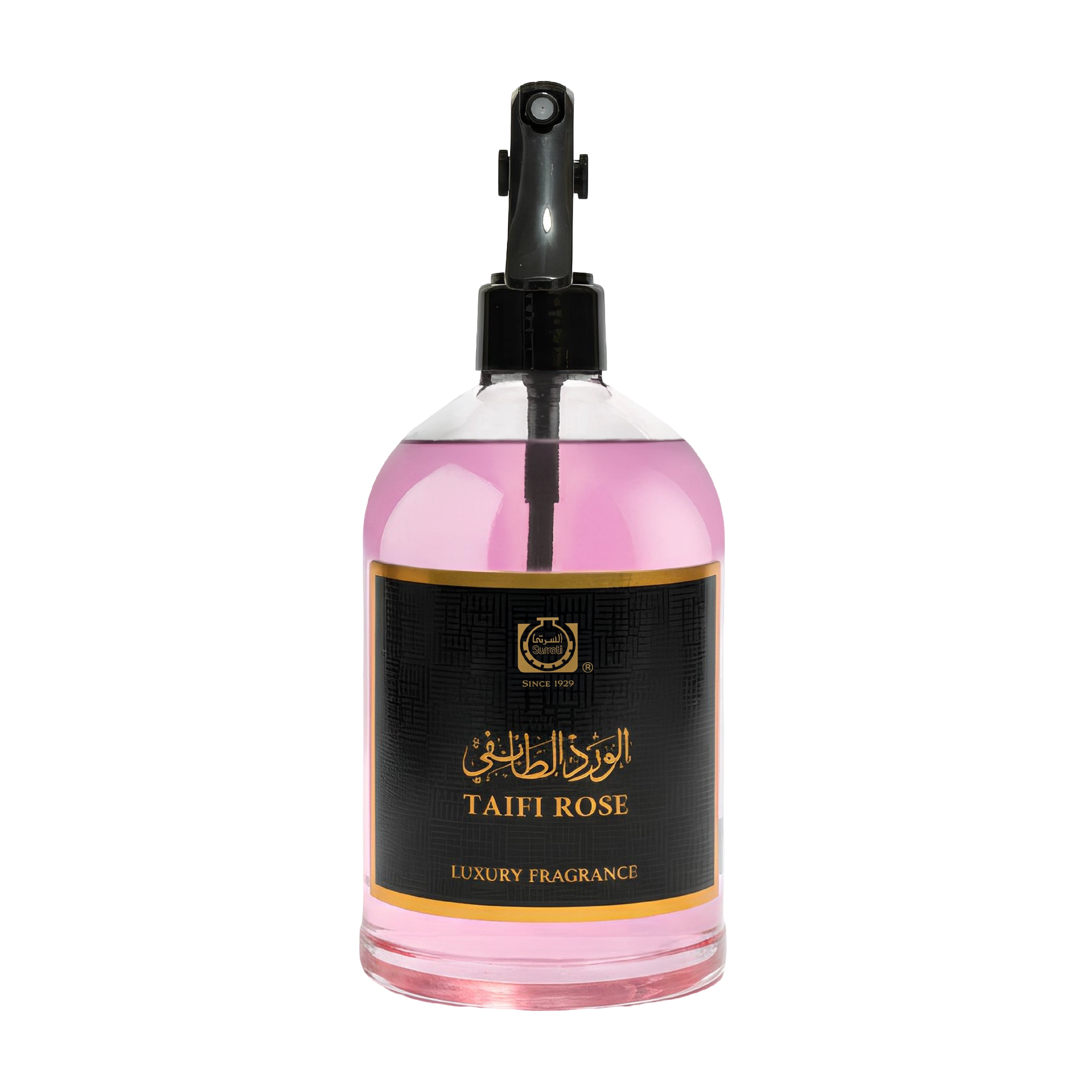 Pink spray bottle with black nozzle labeled 'Taifi Rose' on a white background
