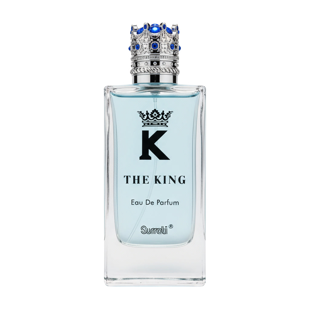 Perfume bottle labeled 'K The King' by Surrell on a white background