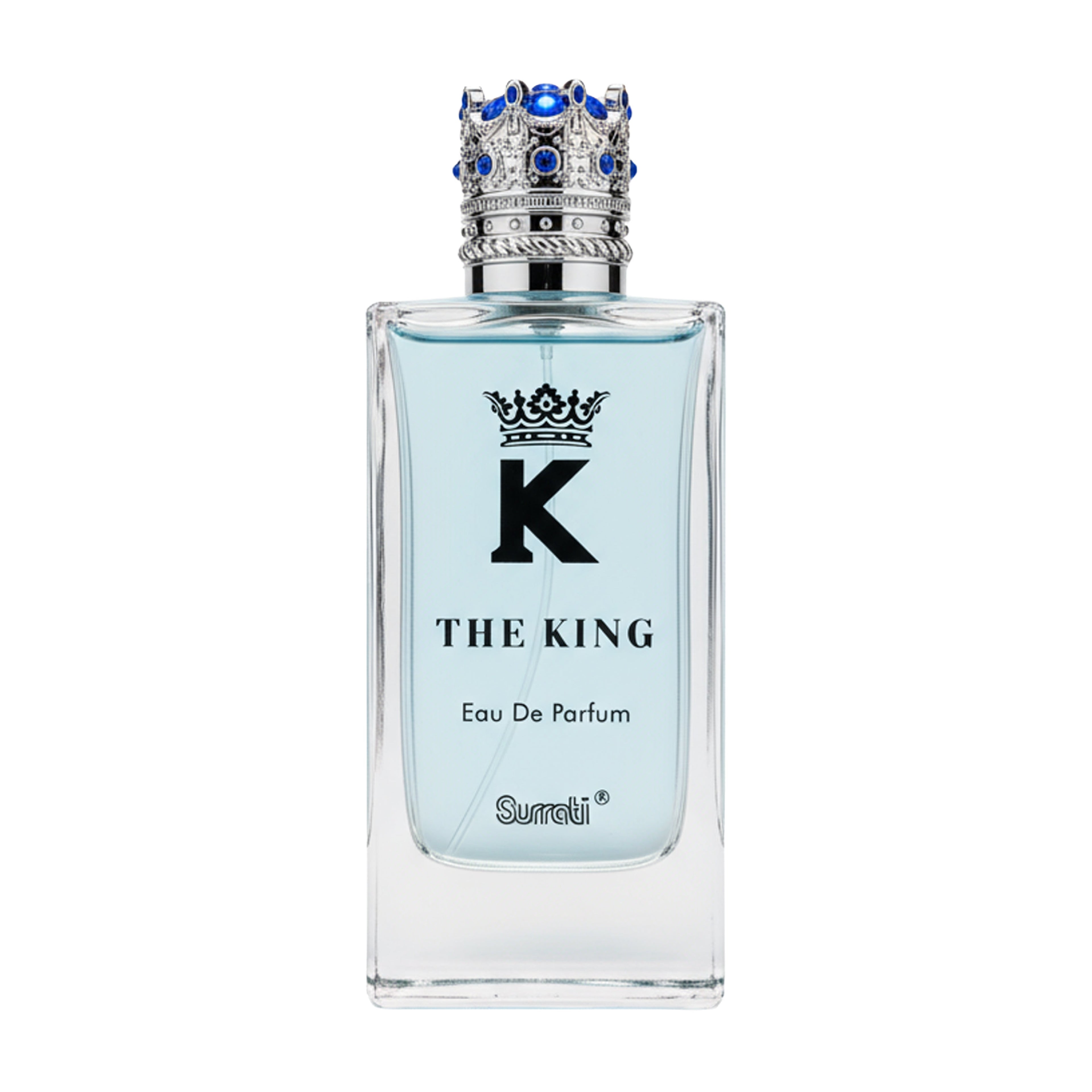 Perfume bottle labeled 'K The King' by Surrell on a white background