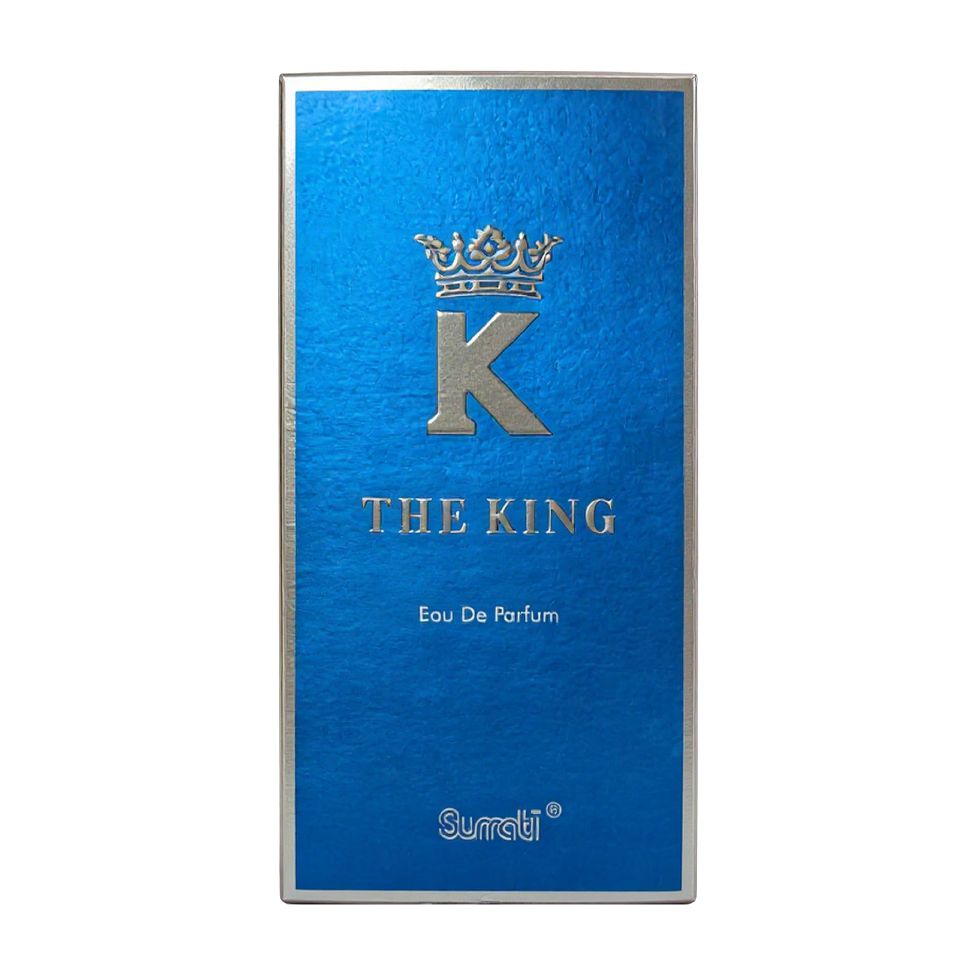 A rectangular blue perfume box with a metallic silver border, featuring a large silver letter 'K' under a crown, the text 'THE KING', 'Eau De Parfum', and the brand name 'Suratti' at the bottom.