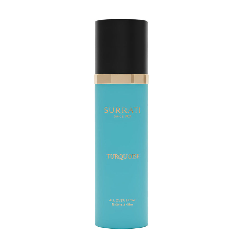 Turquoise bottle with black cap and gold band featuring 'Surrati' branding on a white background.