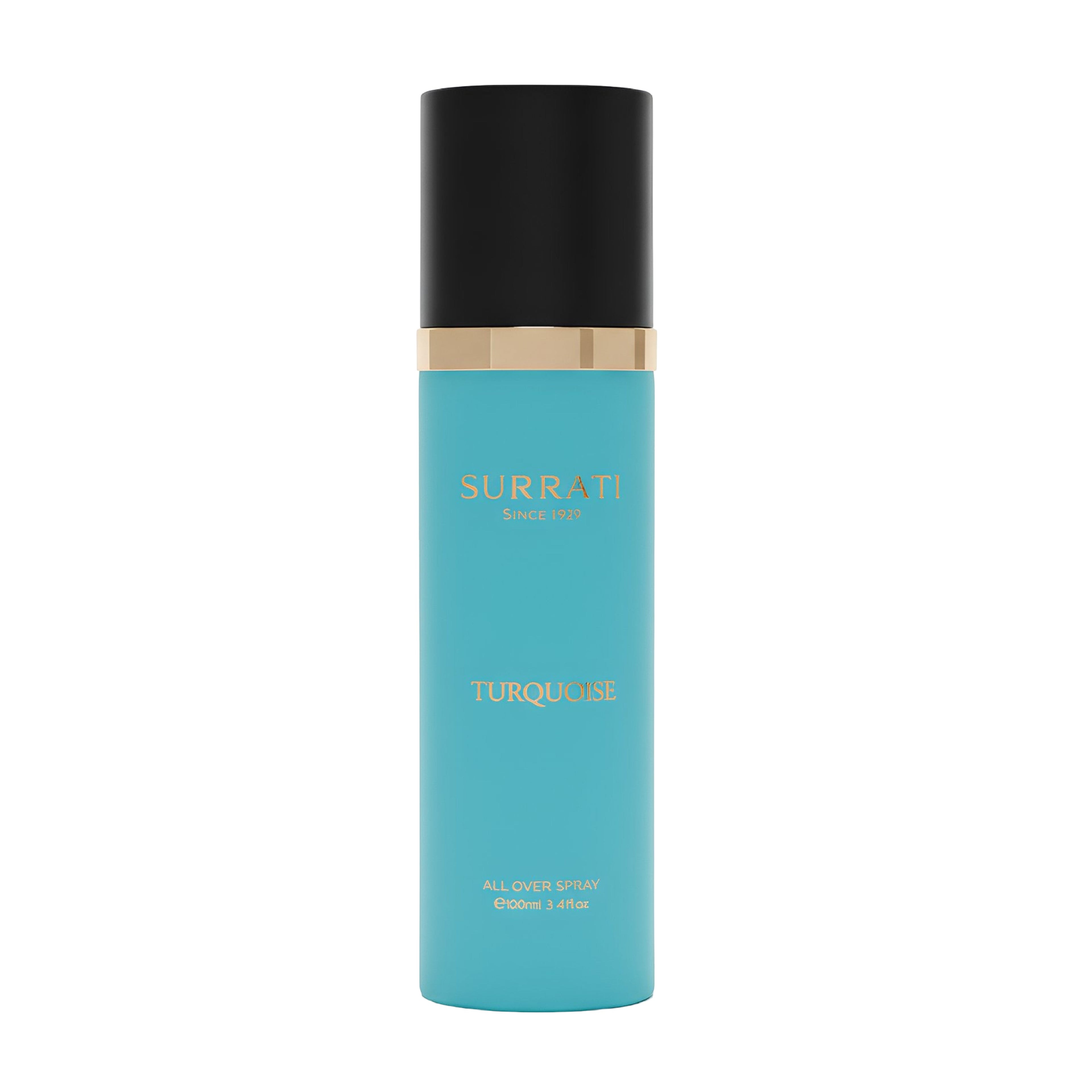 Turquoise bottle with black cap and gold band featuring 'Surrati' branding on a white background.