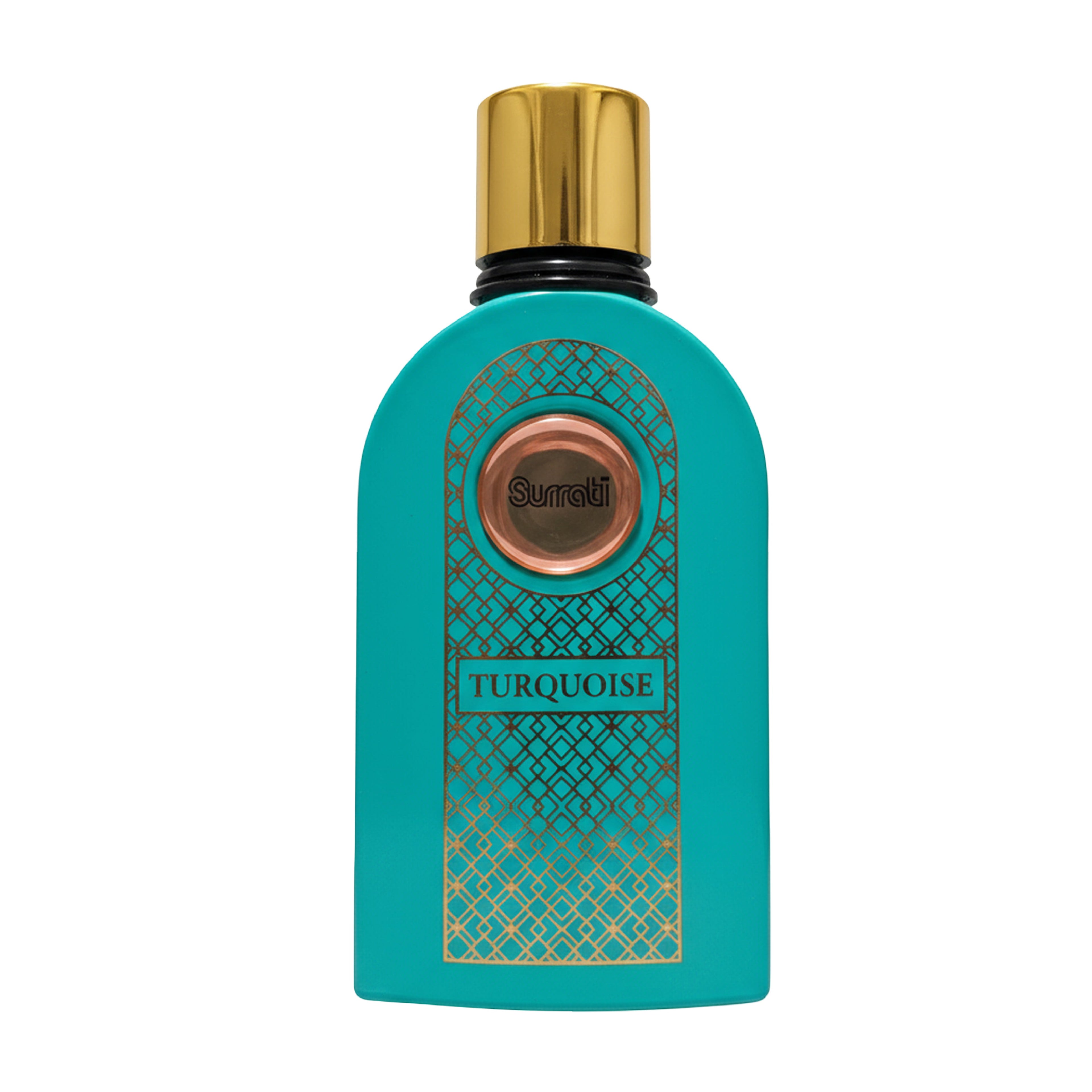 Turquoise bottle with gold cap on a white background