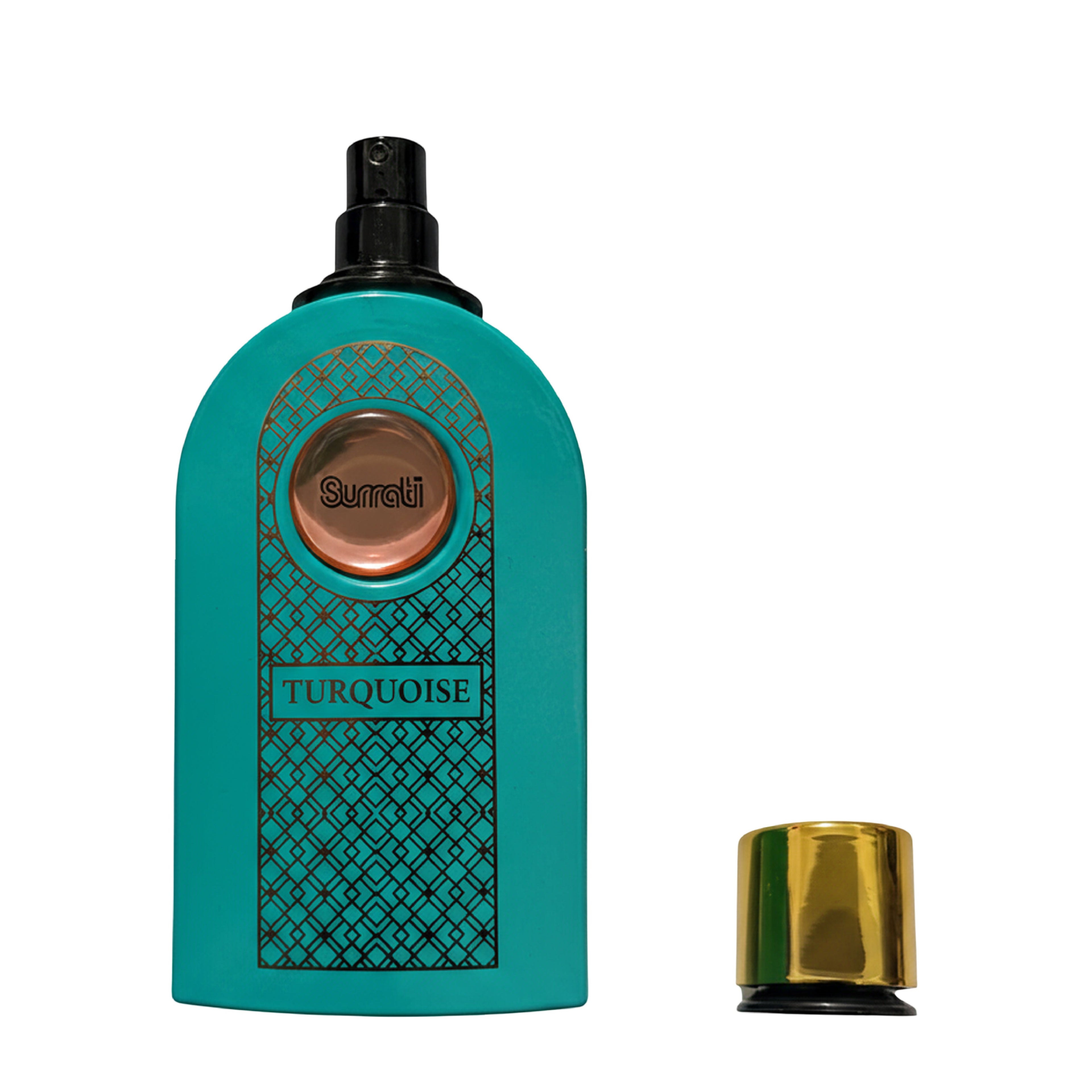 A turquoise spray bottle with a black nozzle and a separate metallic gold cap, shown on a plain white background. The front label reads 'Turquoise' and features a geometric pattern.