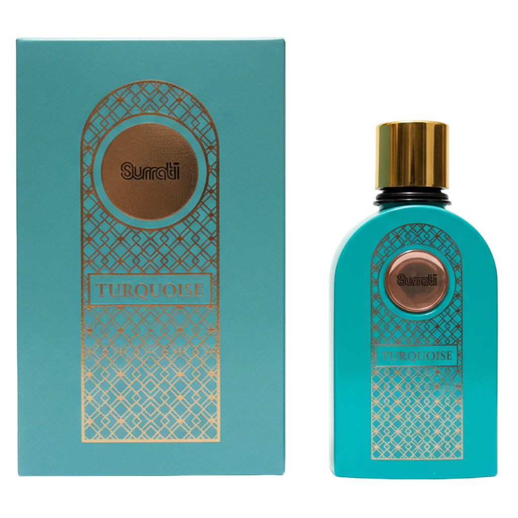 Turquoise and gold Surati Turquoise perfume bottle next to its matching turquoise and gold packaging box, on a white background.