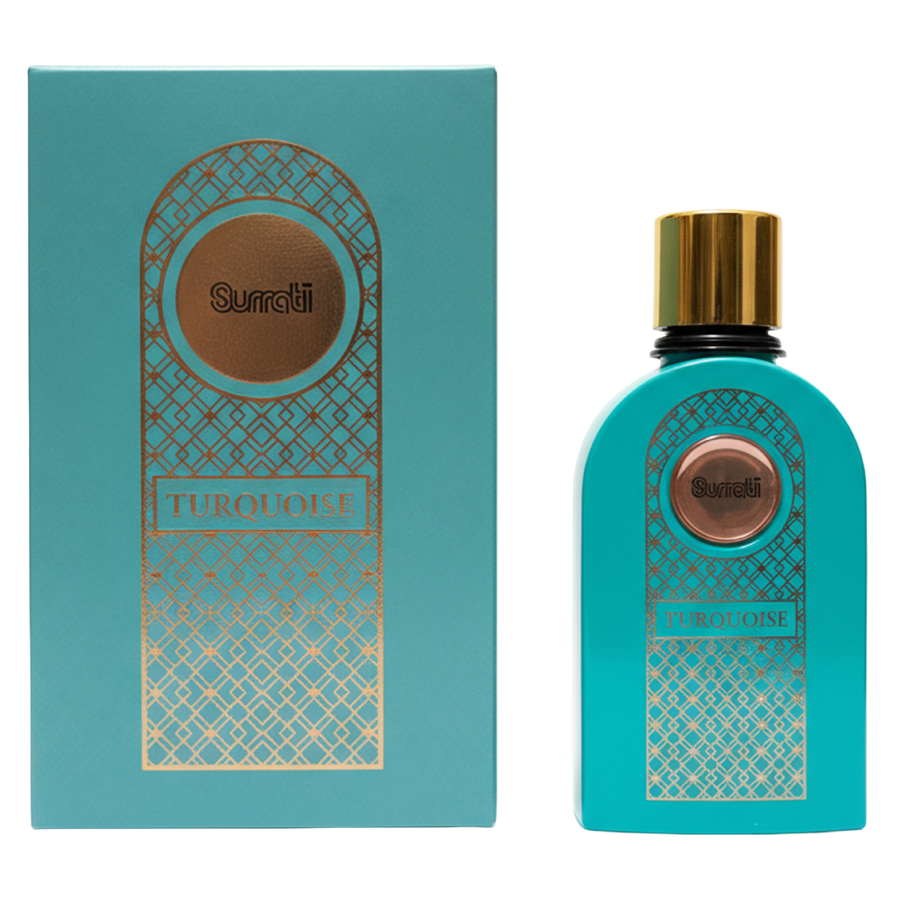 Turquoise and gold Surati Turquoise perfume bottle next to its matching turquoise and gold packaging box, on a white background.