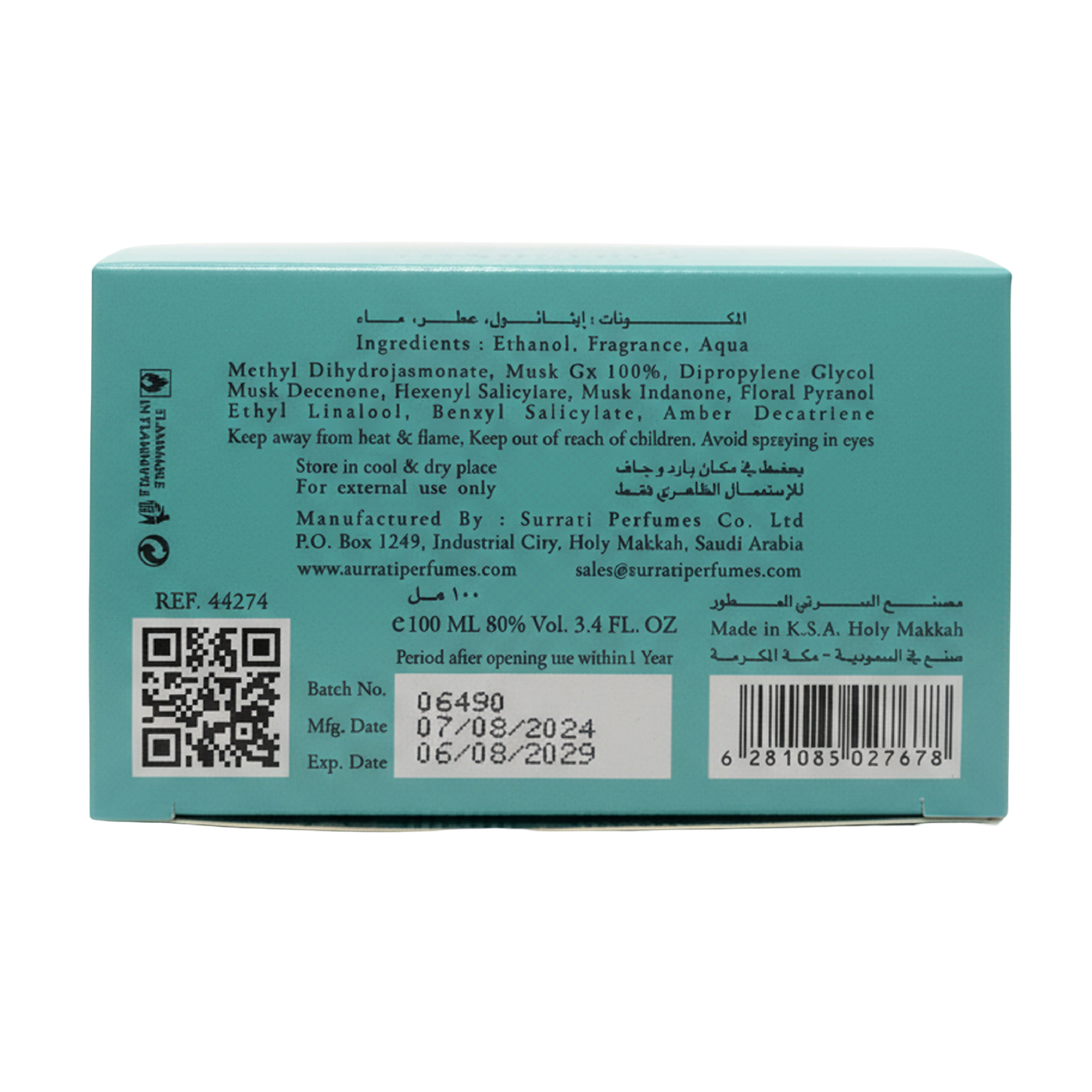 The back of a turquoise box for a fragrance, showing ingredients, storage instructions, a QR code, batch number, expiry date, and barcode on a plain white background.