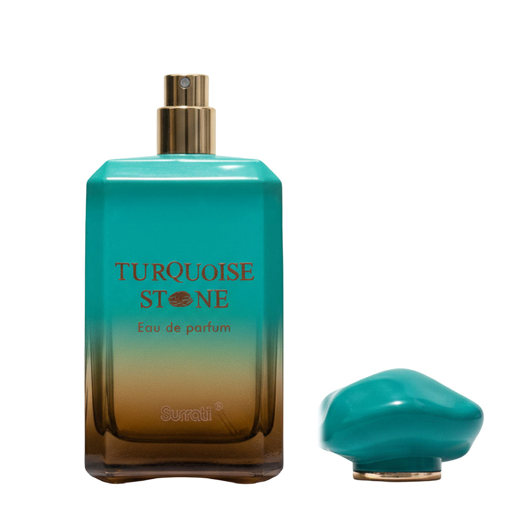 Turquoise and brown gradient perfume bottle with cap on a white background