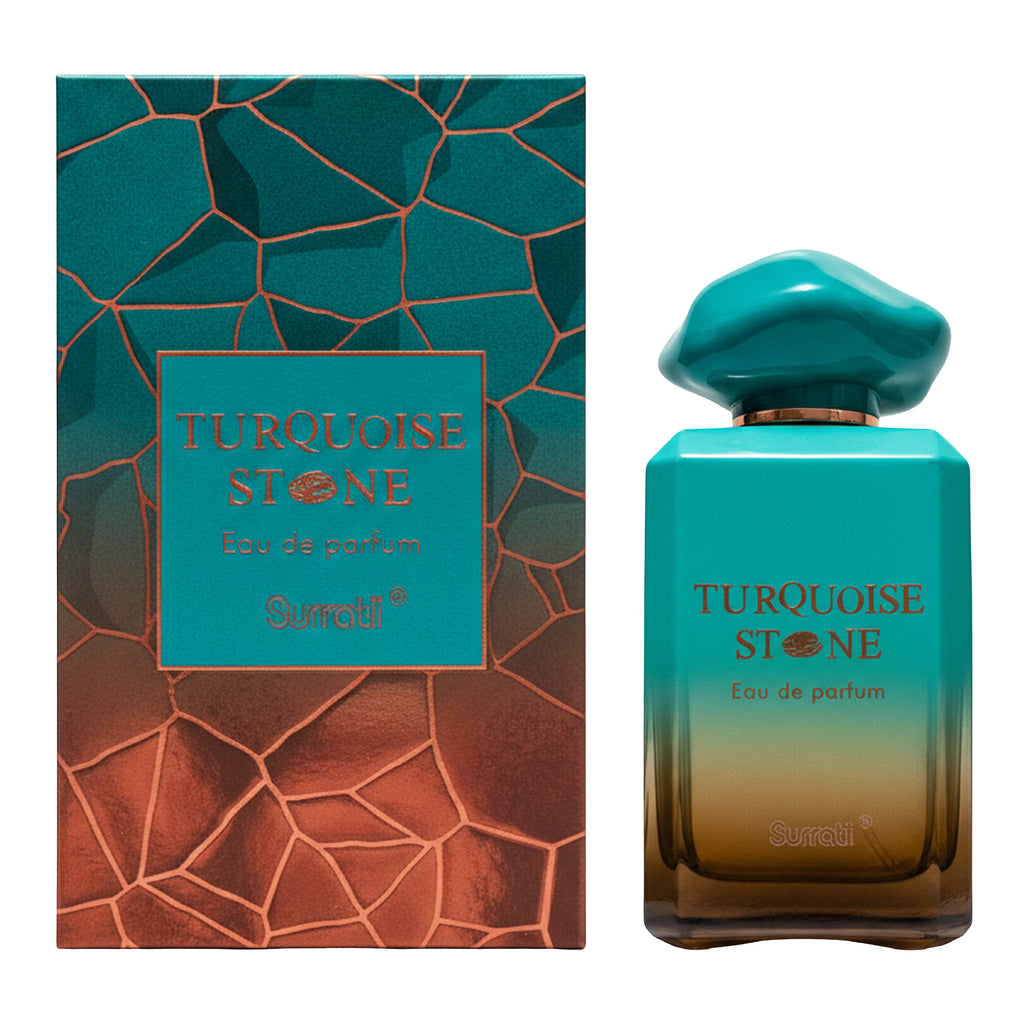 Turquoise Stone perfume bottle and packaging on a white background