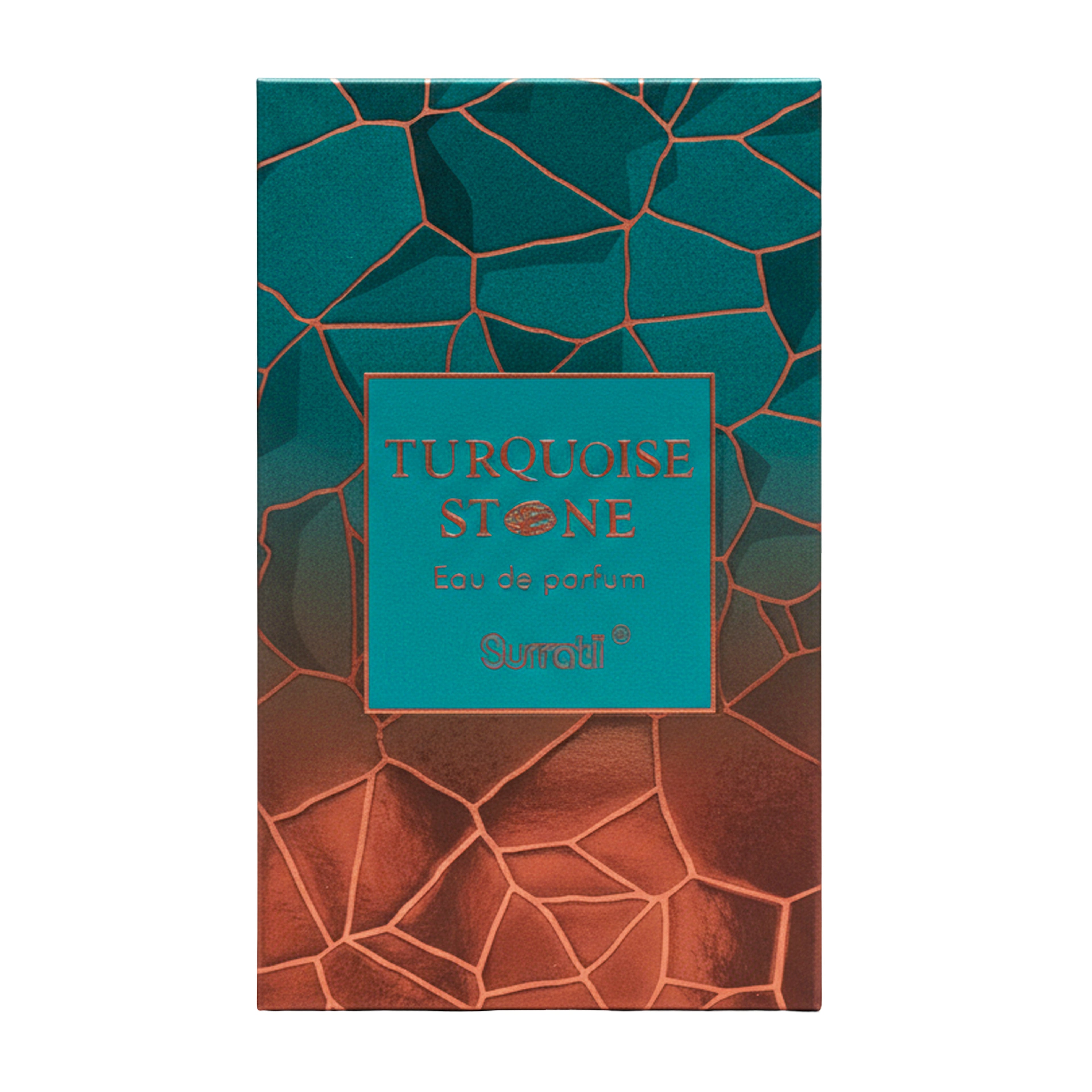 Turquoise and copper stone-patterned perfume box for Omroli 'Turquoise Stone' Eau de Parfum, shown against a plain white background.