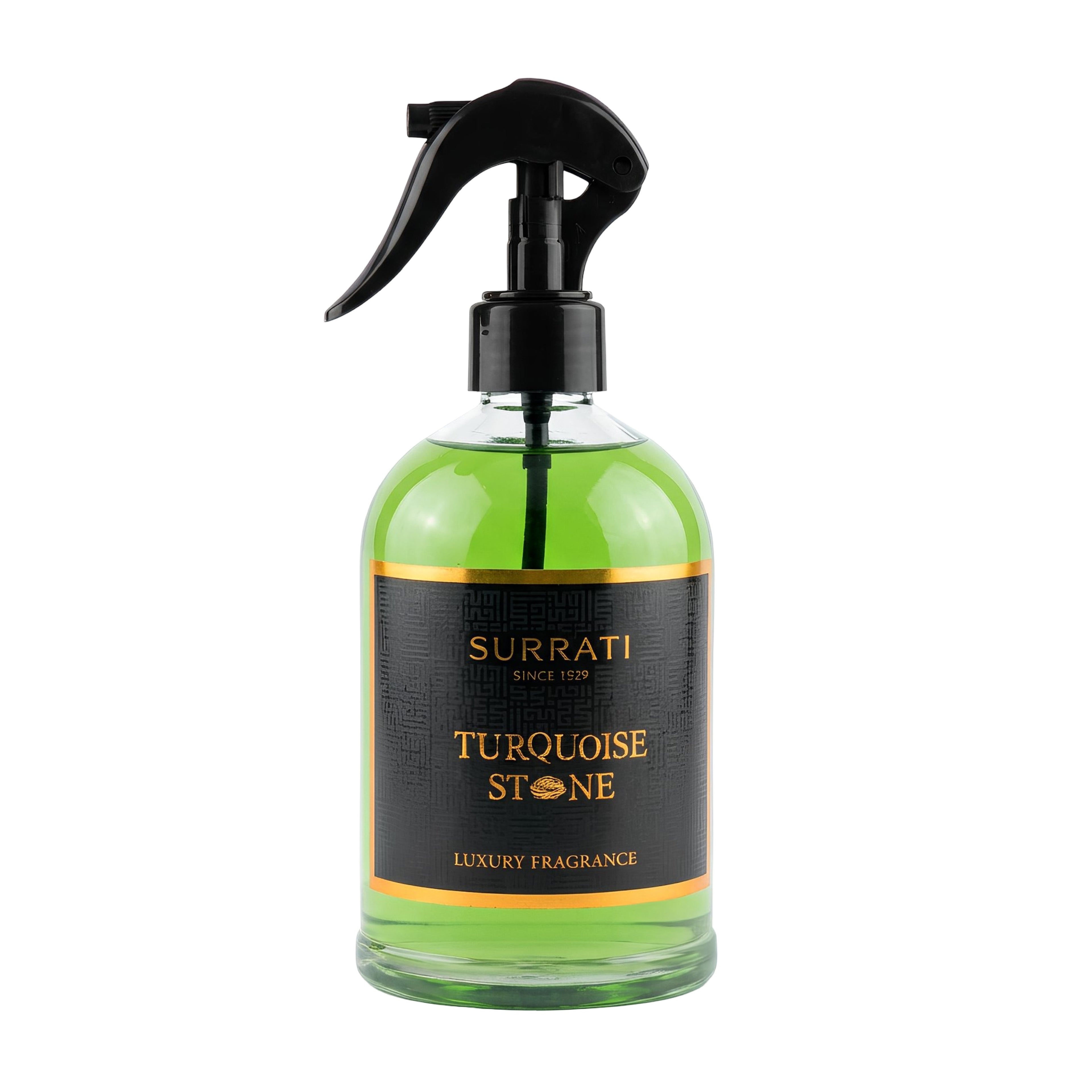 Green spray bottle with black nozzle labeled 'Surrati Turquoise Stone' on a white background