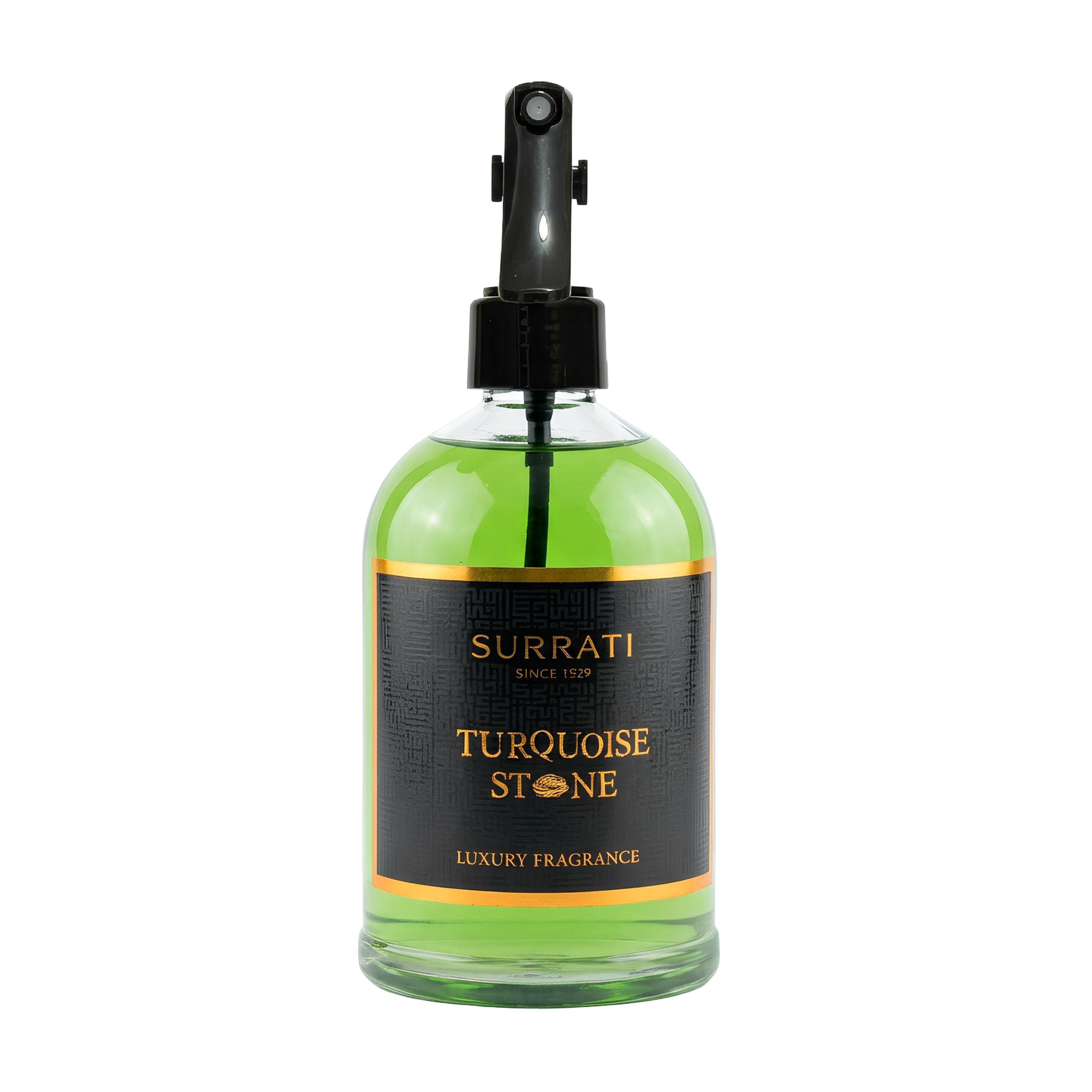 Green bottle of Surrati Turquoise Stone luxury fragrance on a white background