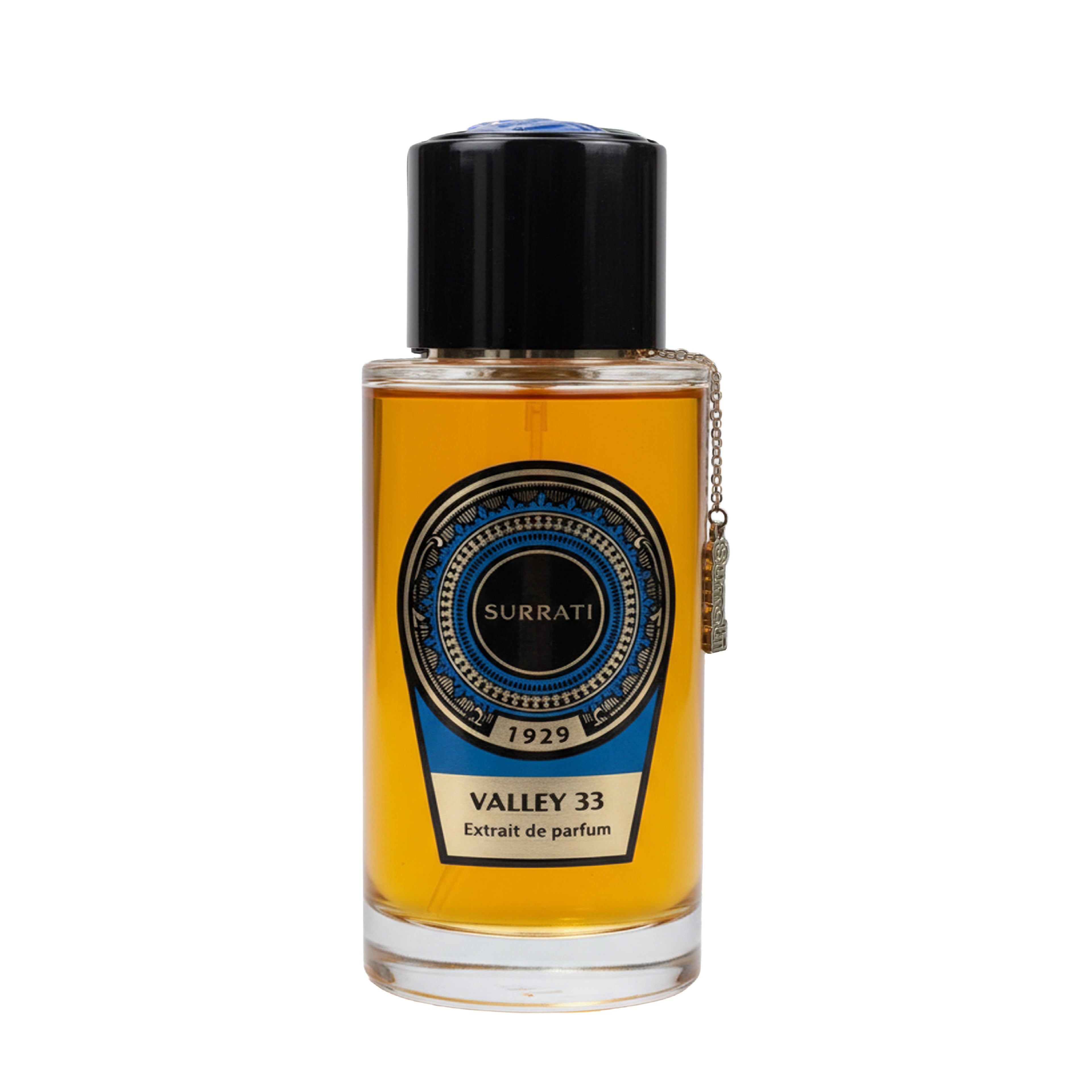 Perfume bottle labeled 'Valley 33' by 'Surrati' on a white background