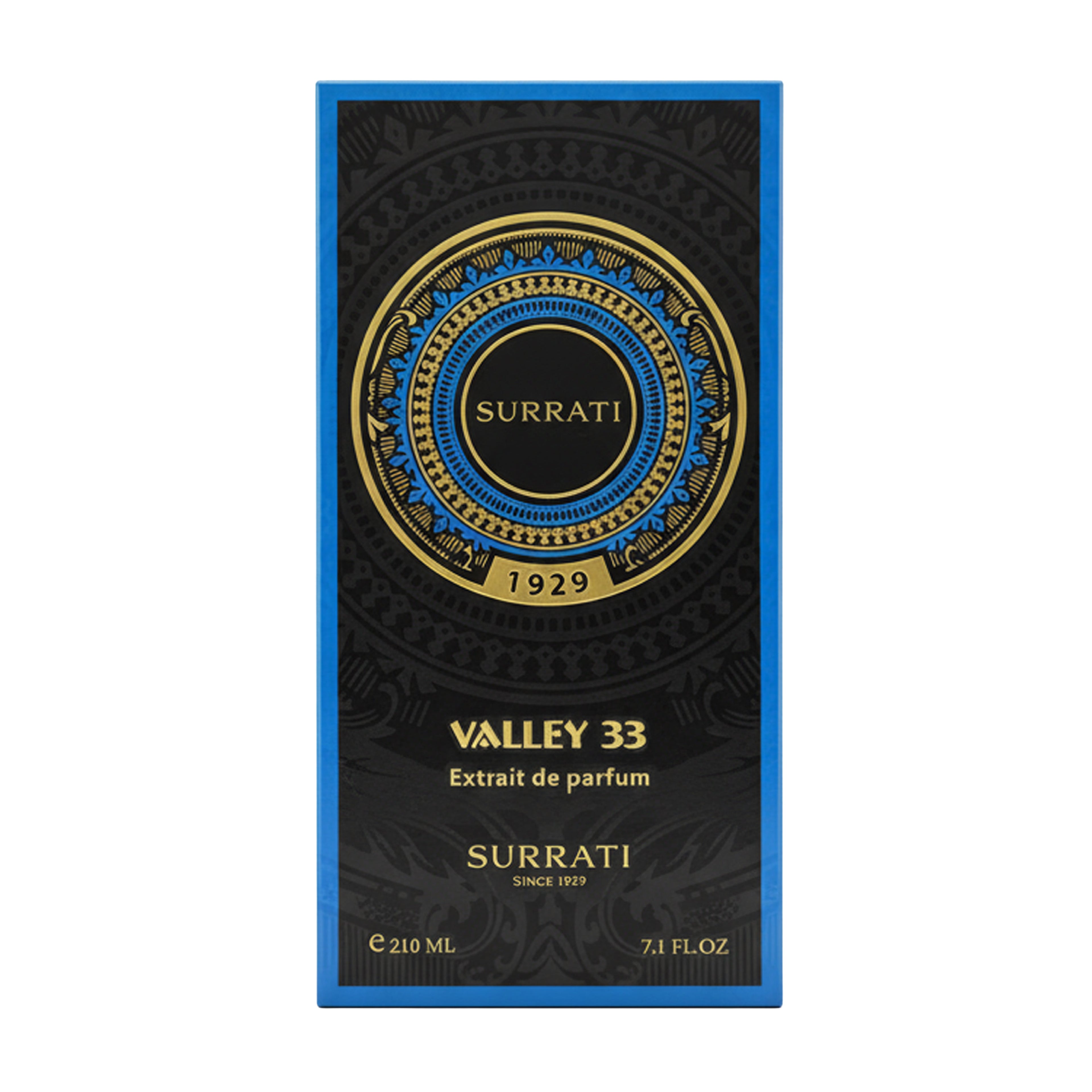 Surrati Valley 33 Extrait de Parfum packaging box, featuring a black background with gold and blue ornate circular detailing and text.