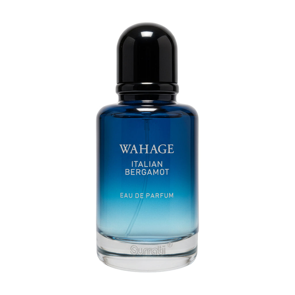 Blue perfume bottle labeled 'Wahage Italian Bergamot' on a white background