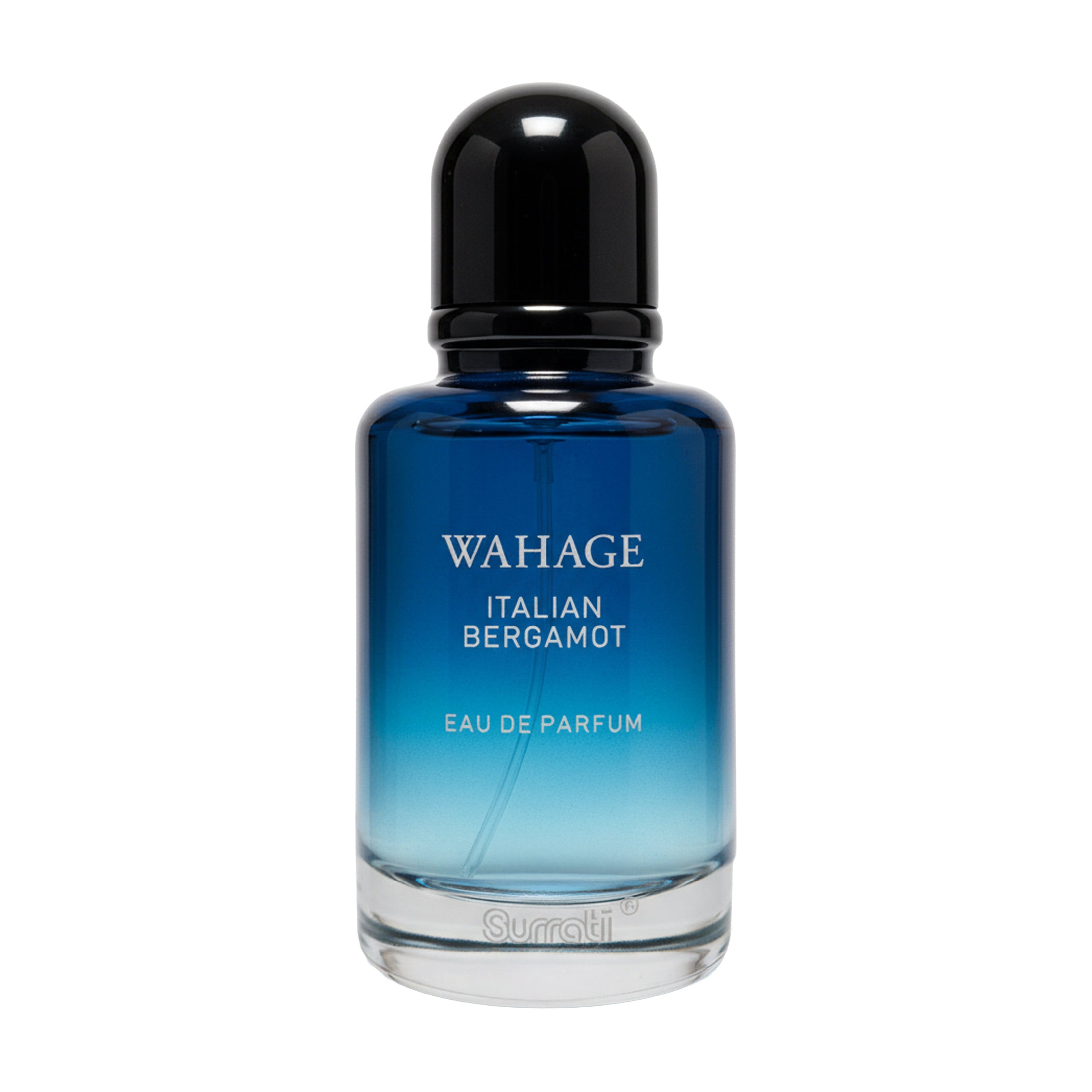 Blue perfume bottle labeled 'Wahage Italian Bergamot' on a white background