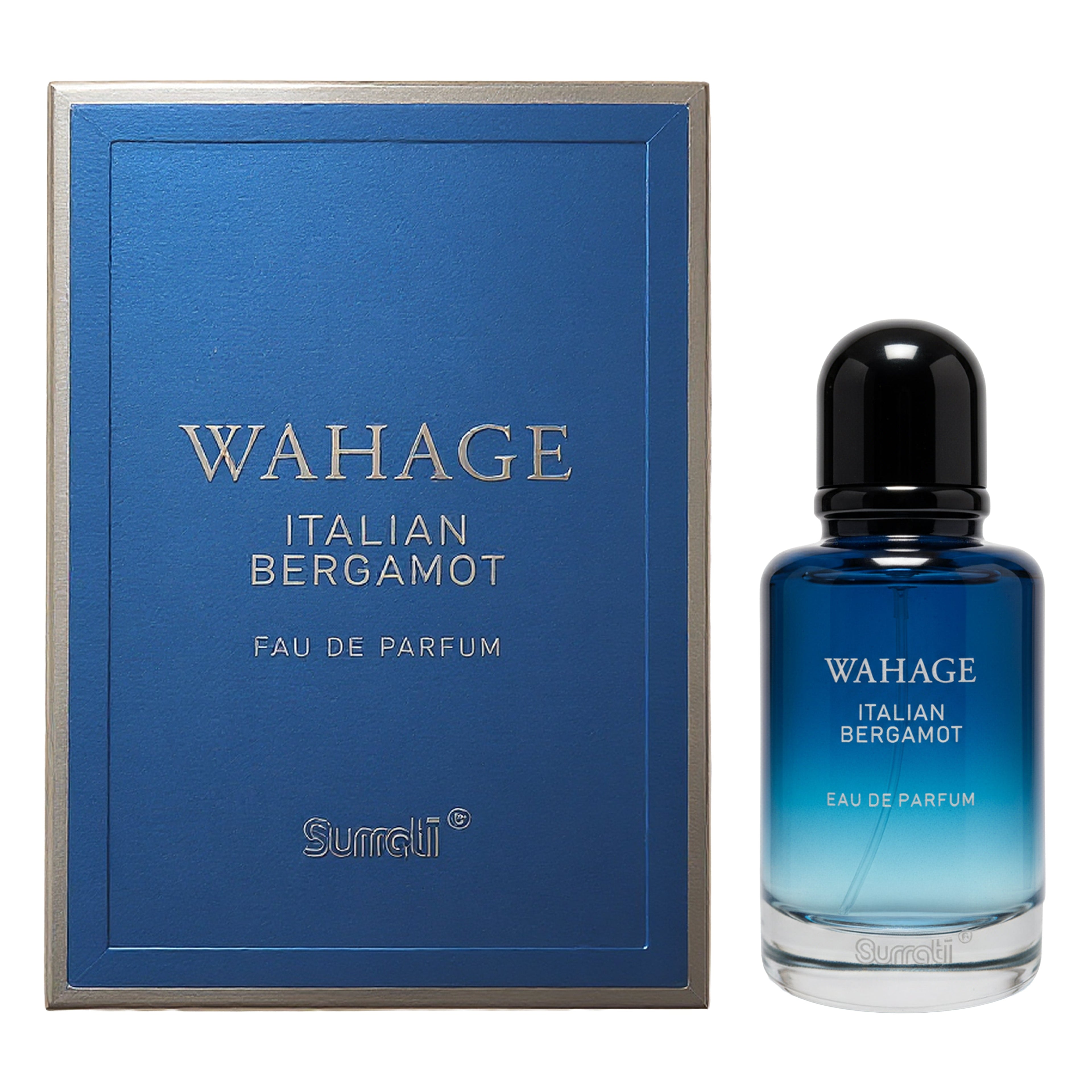 Surpli Wahage Italian Bergamot Eau de Parfum shown with its blue box packaging and the blue gradient glass perfume bottle with a black cap on a white background.