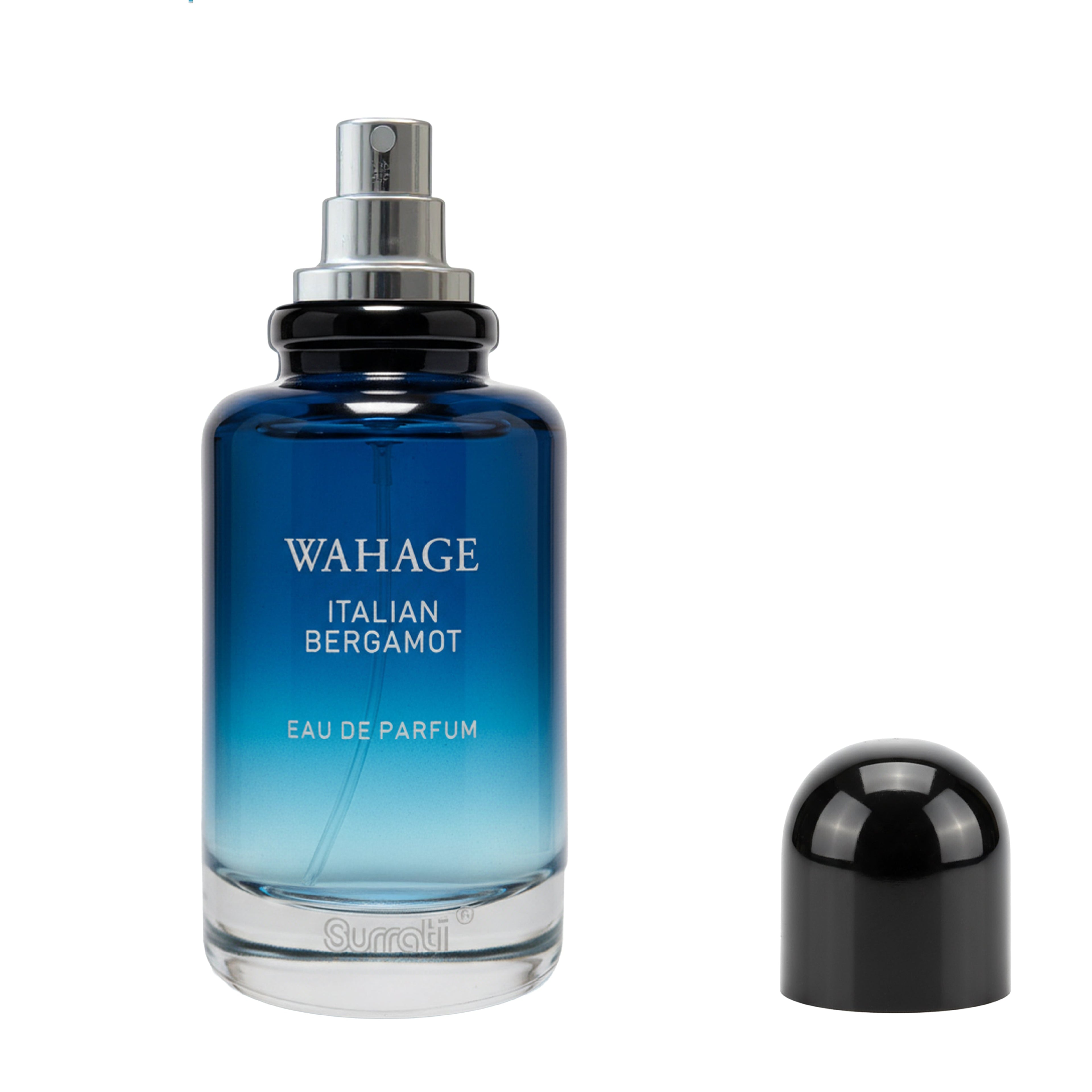 A bottle of Suratti Wahage Italian Bergamot Eau de Parfum with a blue gradient glass body and a separate black cap shown to the right, on a white background.