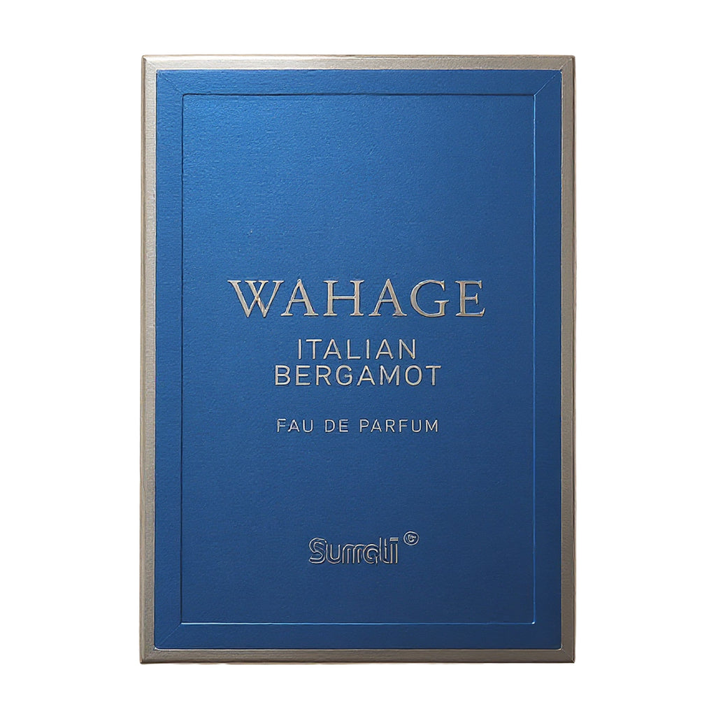 A rectangular blue perfume box with a metallic silver border, featuring the text 'WAHAGE ITALIAN BERGAMOT' and the brand 'Surrli' in silver lettering, set against a plain white background.