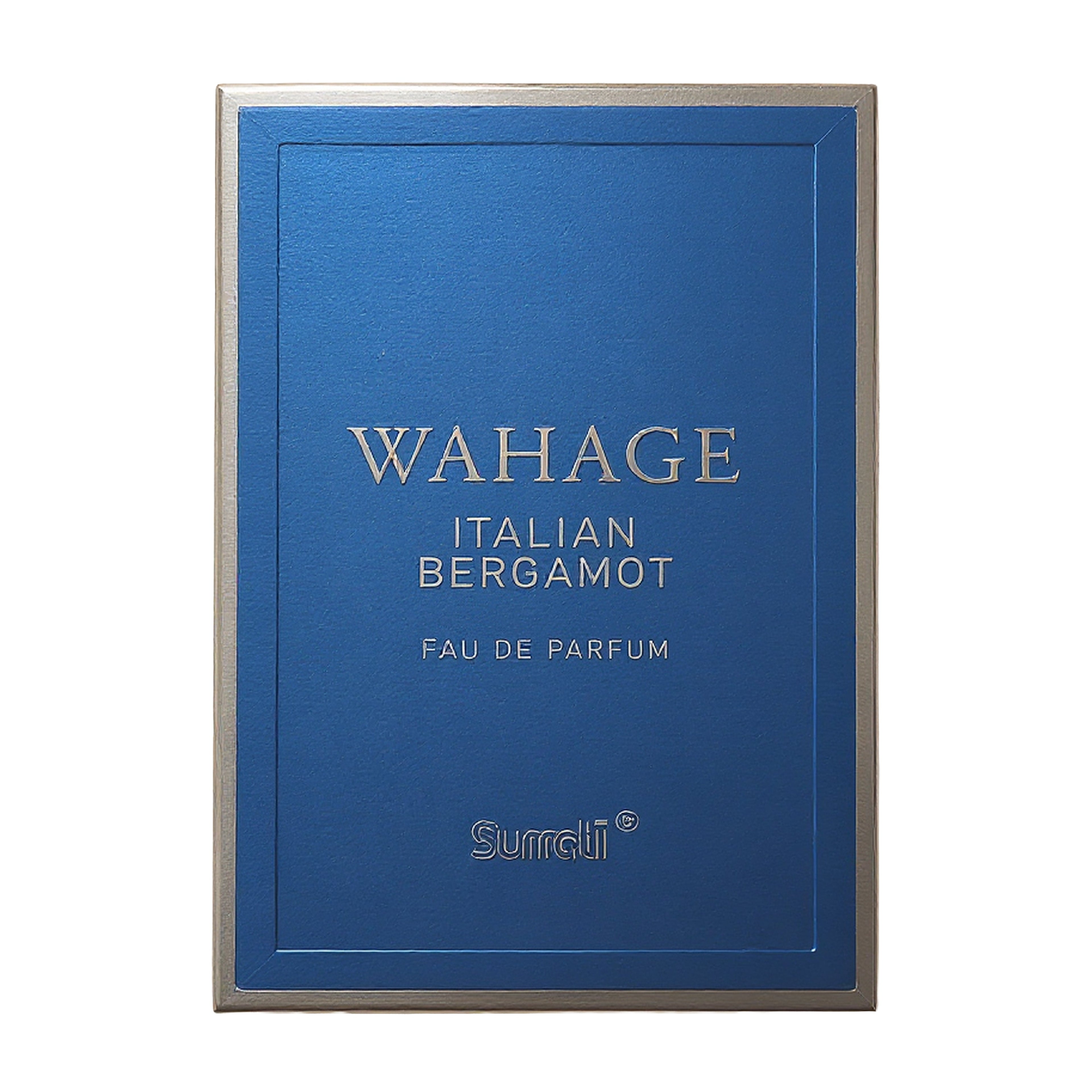 A rectangular blue perfume box with a metallic silver border, featuring the text 'WAHAGE ITALIAN BERGAMOT' and the brand 'Surrli' in silver lettering, set against a plain white background.