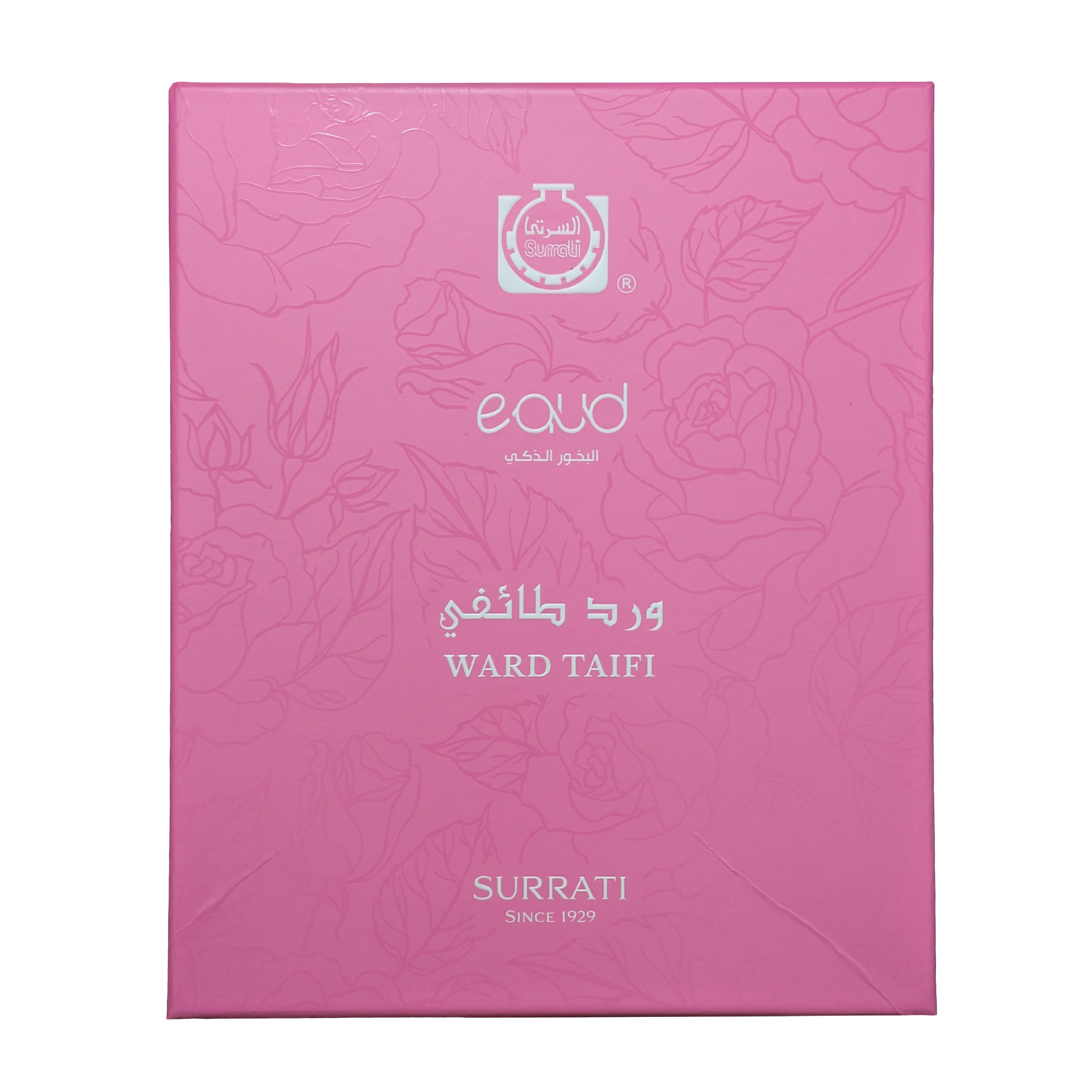 Pink rectangular product packaging box with embossed floral line art, featuring the brand name 'eaud' and 'WARD TAIFI' with Arabic text, on a white background.
