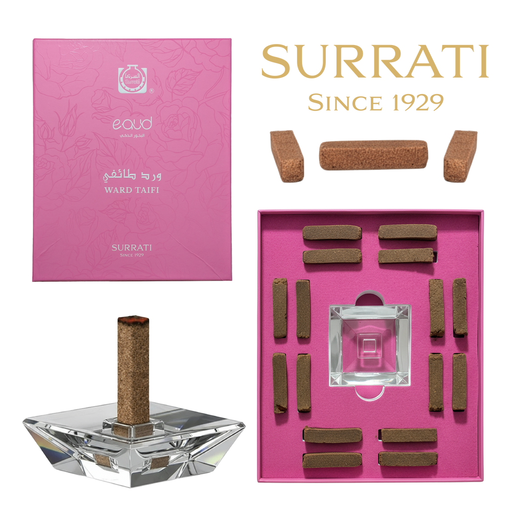 Surrati incense set with pink packaging, crystal holder, and cork sticks on a white background.