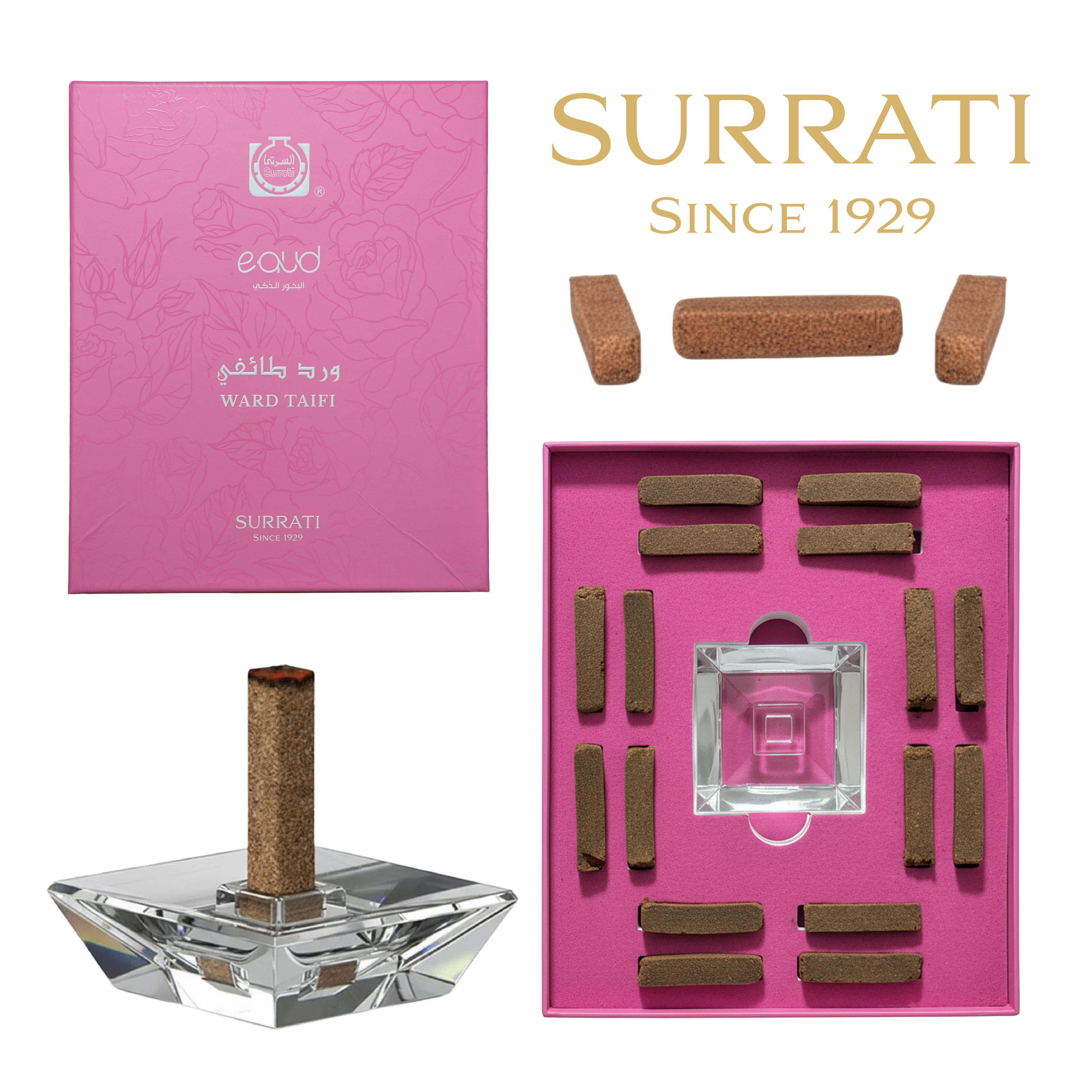 Surrati incense set with pink packaging, crystal holder, and cork sticks on a white background.