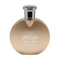 Gold perfume bottle with silver cap on a white background