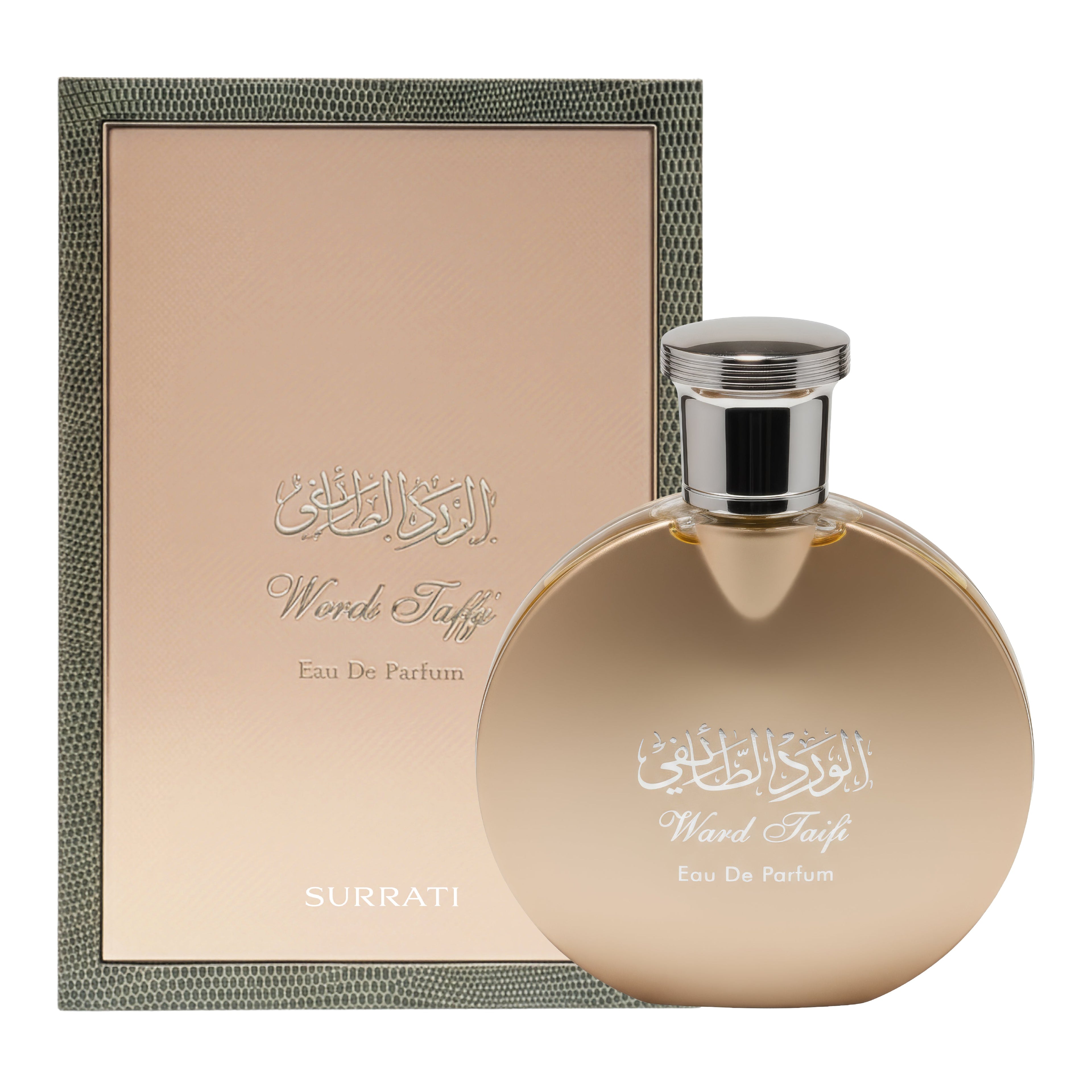Surrati Word of Truth Eau De Parfum bottle in a round champagne-gold finish with a silver cap, shown next to its matching textured packaging box.