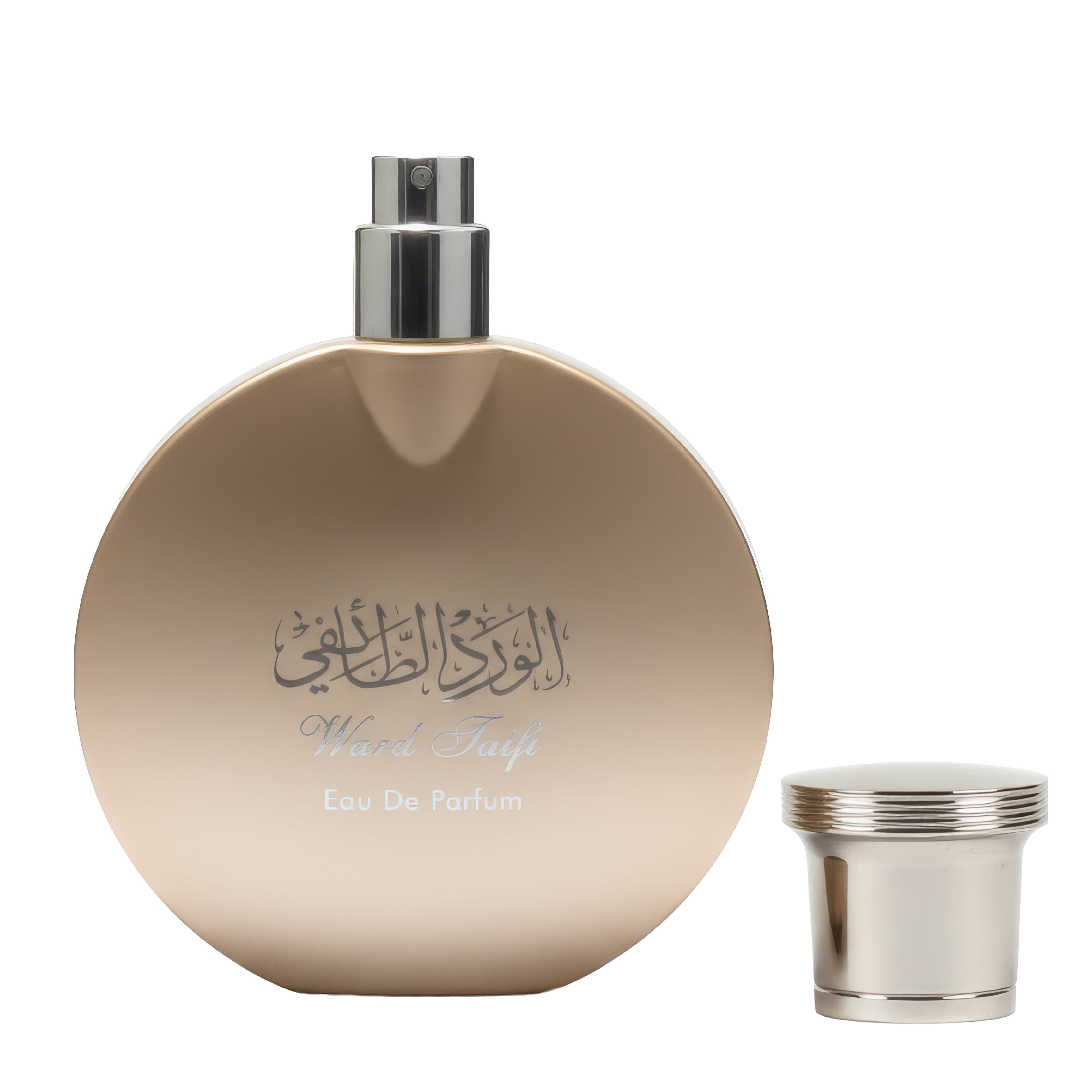 A round beige perfume bottle with Arabic script and 'Wood Twist Eau De Parfum' printed on the front, shown next to its silver cap on a white background.