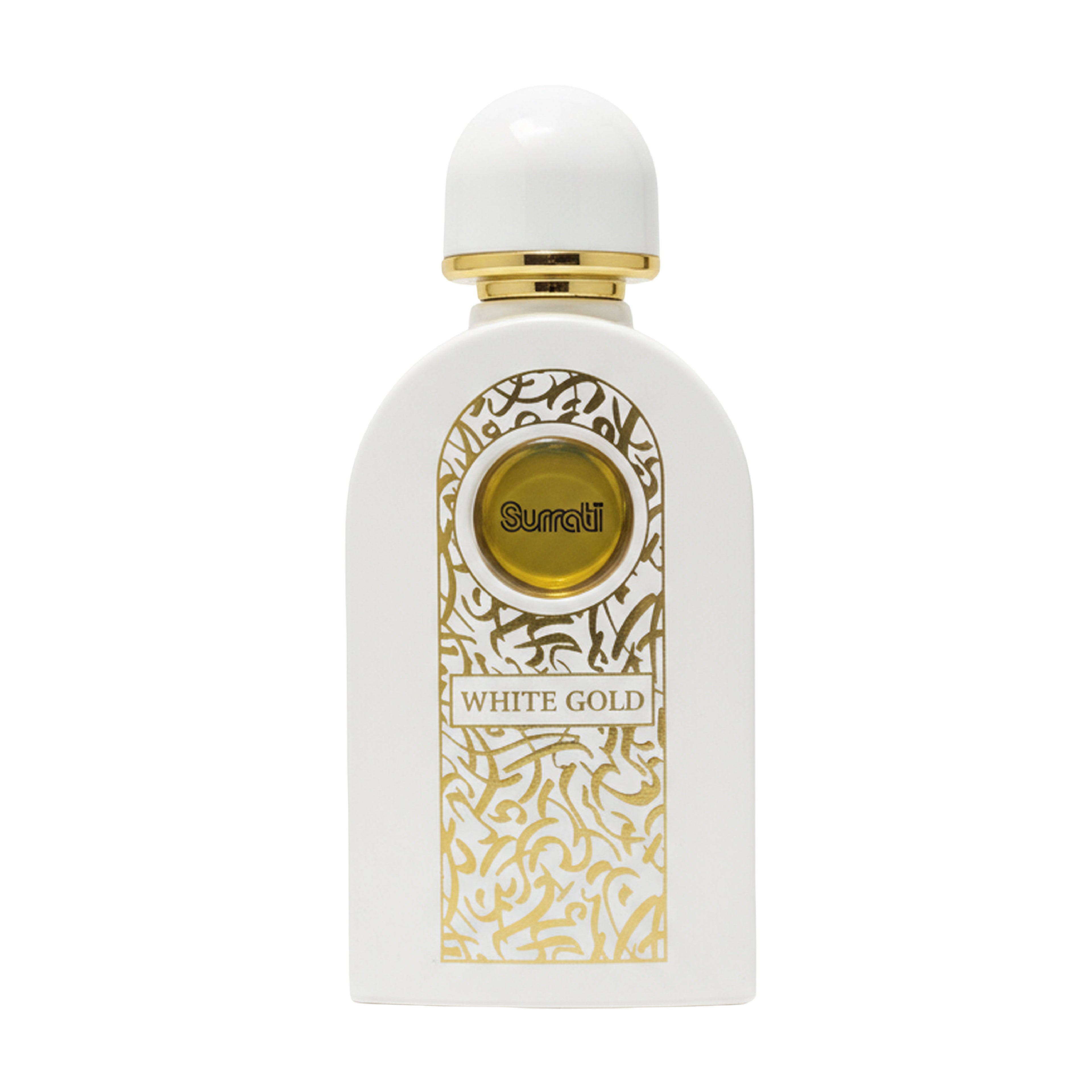 Perfume bottle labeled 'White Gold' with gold accents on a white background