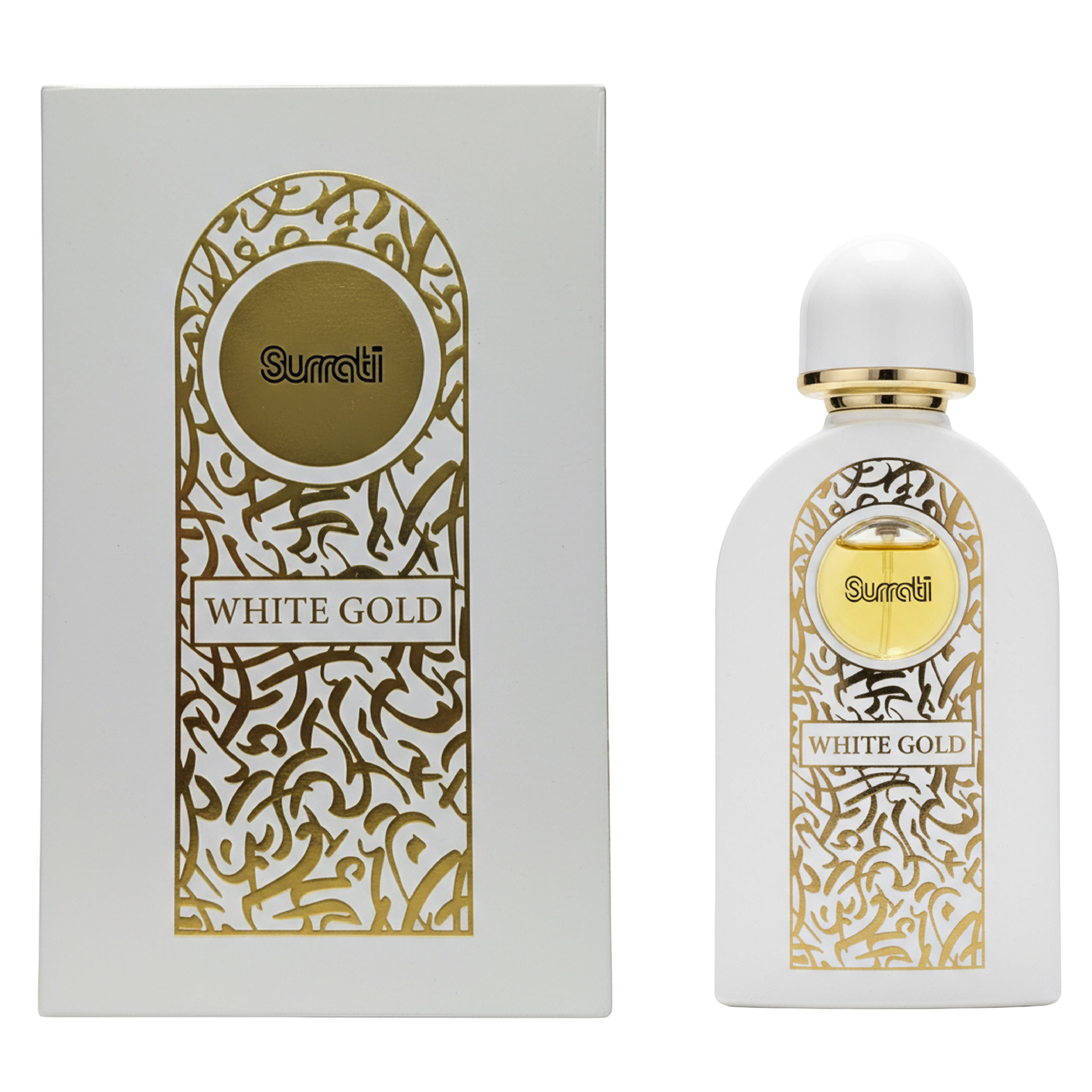 Surrati White Gold perfume bottle next to its white and gold packaging box, featuring elegant Arabic calligraphy patterns.